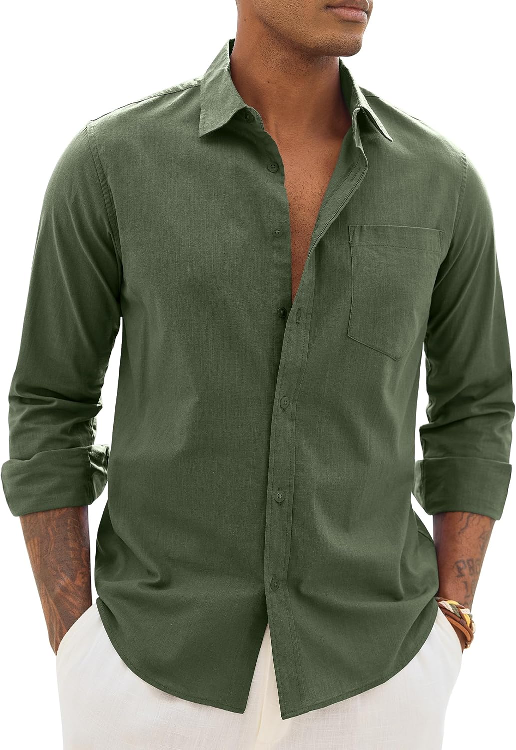 Alimens & Gentle Mens Linen Textured Shirt Long Sleeve Summer Beach Tops Green