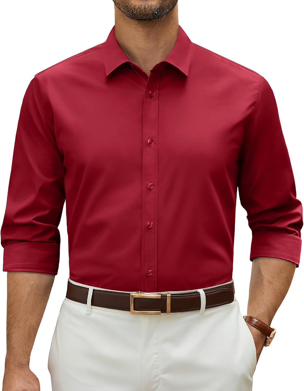 Alimens & Gentle Stretch Dress Shirt for Men Button Down Long Sleeve Shirt Burgundy