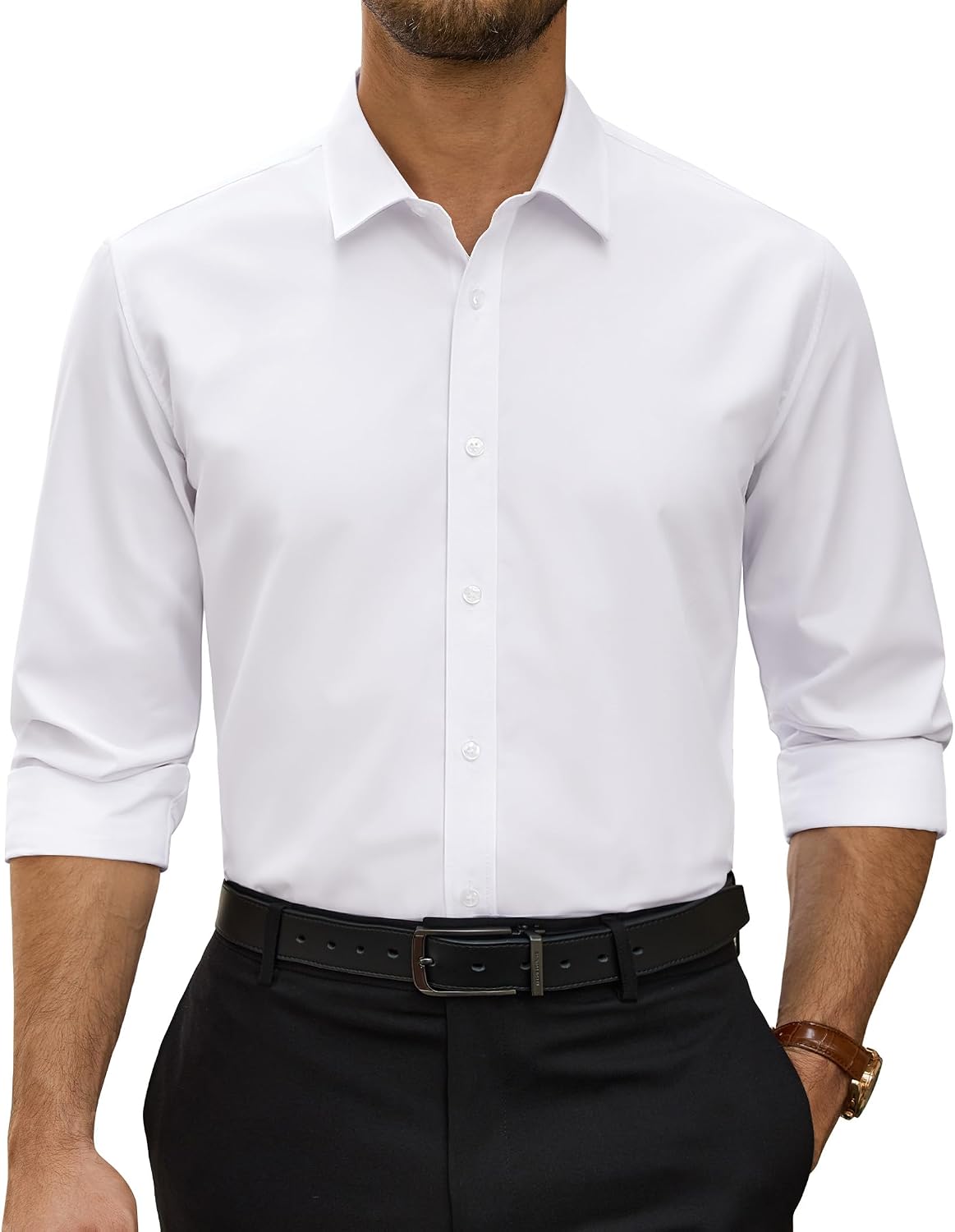 Alimens & Gentle Stretch Dress Shirt for Men Button Down Long Sleeve Shirt White