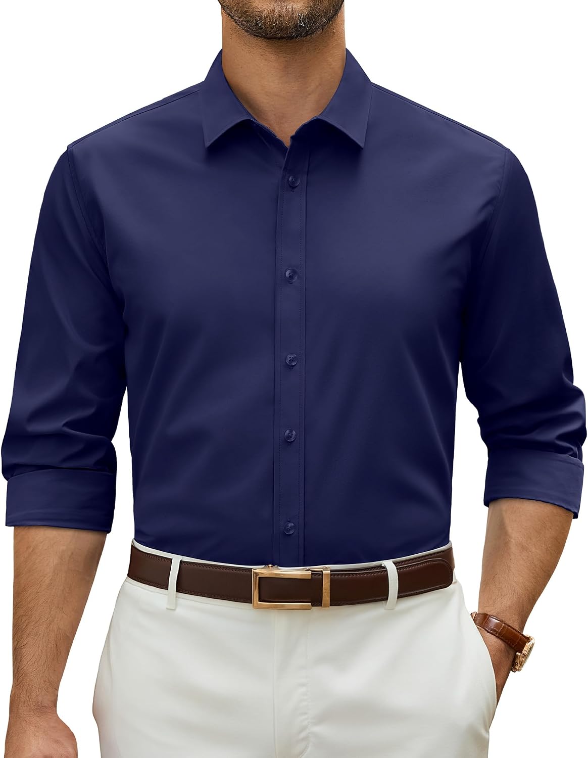 Alimens & Gentle Stretch Dress Shirt for Men Button Down Long Sleeve Shirt Navy Blue