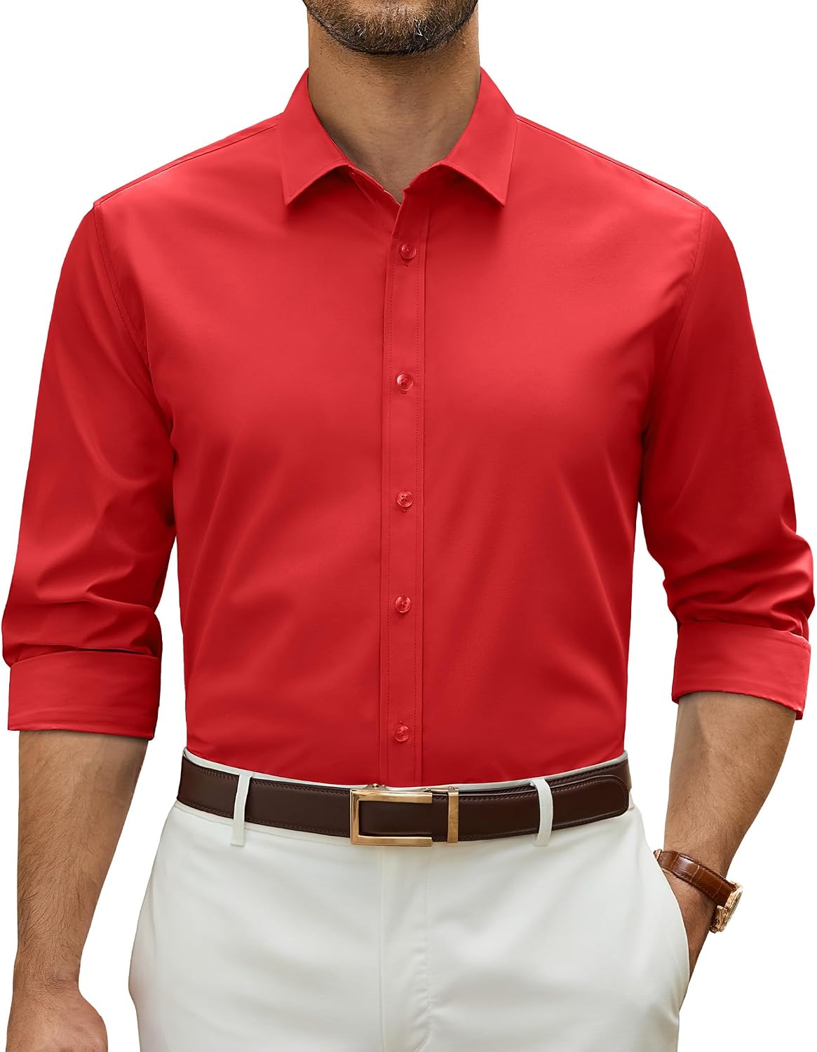 Alimens & Gentle Stretch Dress Shirt for Men Button Down Long Sleeve Shirt Red