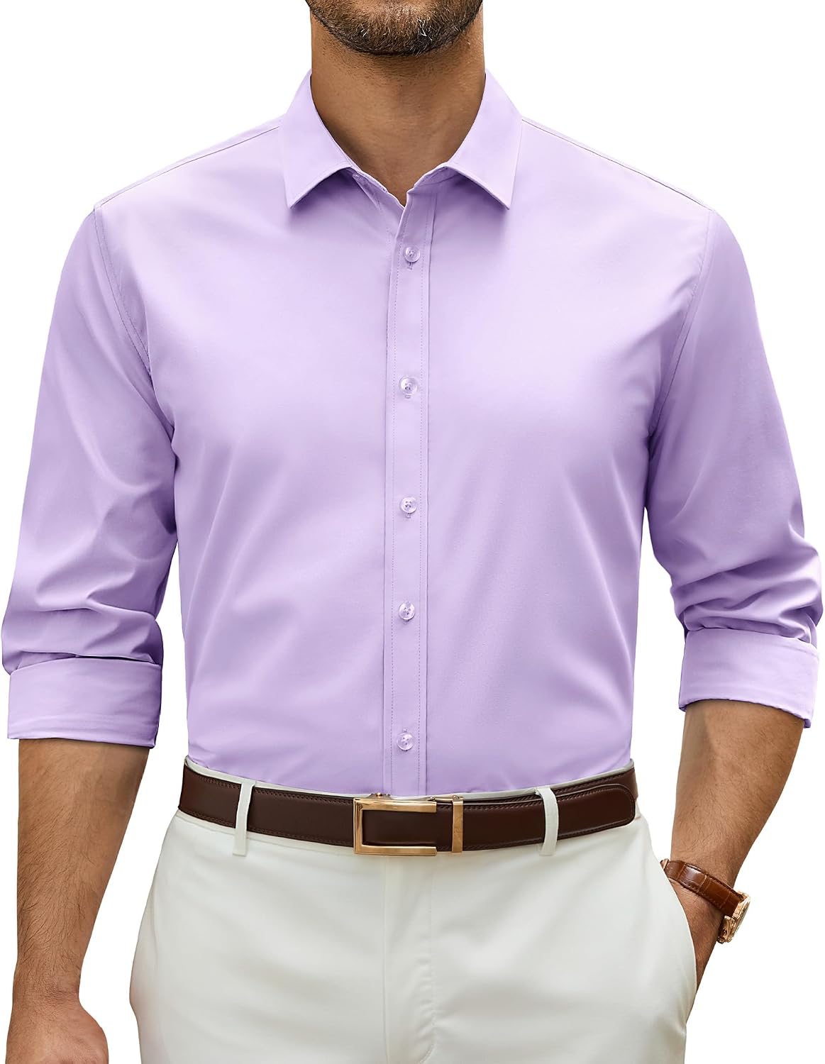 Alimens & Gentle Stretch Dress Shirt for Men Button Down Long Sleeve Shirt Lavender