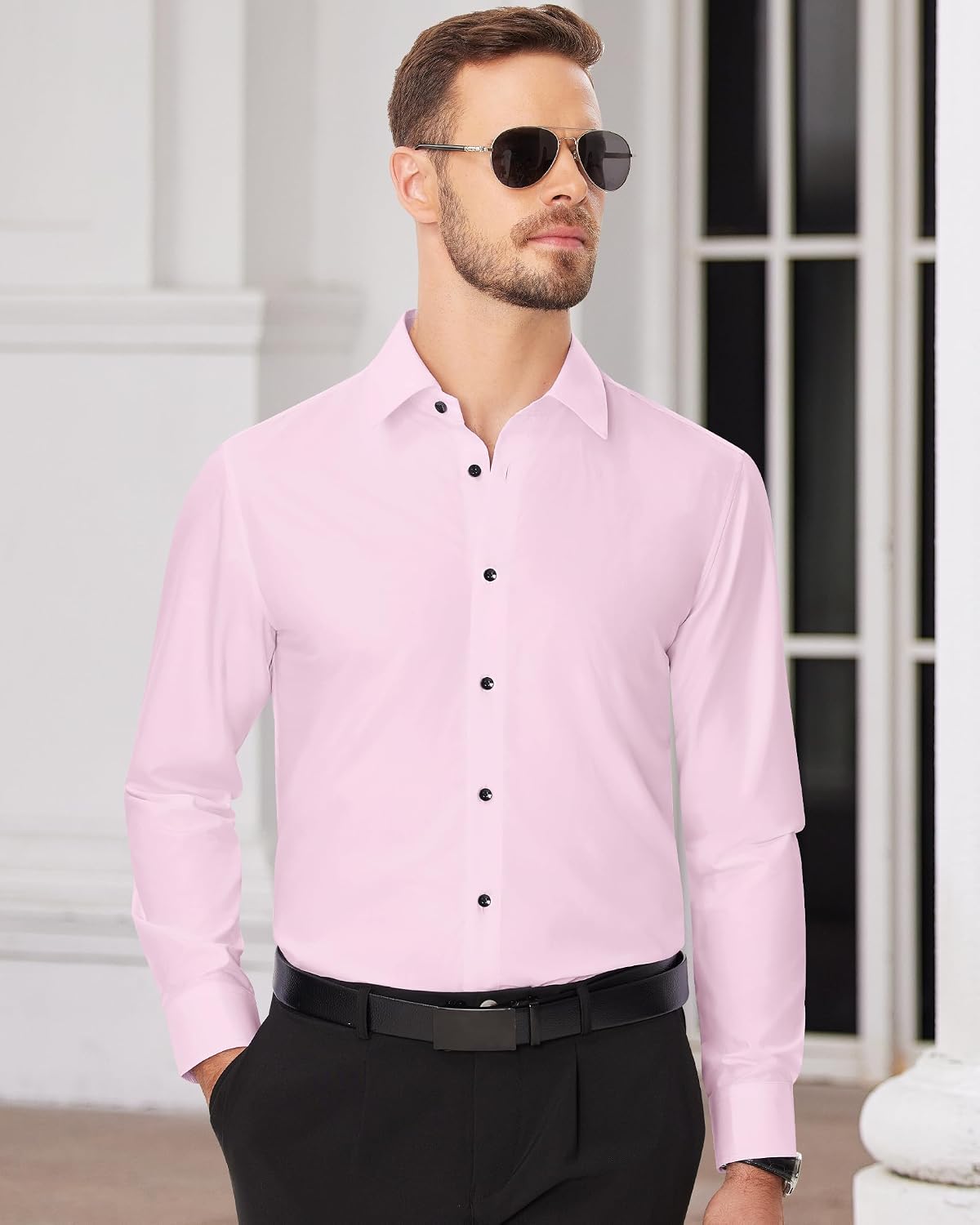 Men's Dress Shirts Long Sleeve Wrinkle Free Business Button Down Shirt Pink
