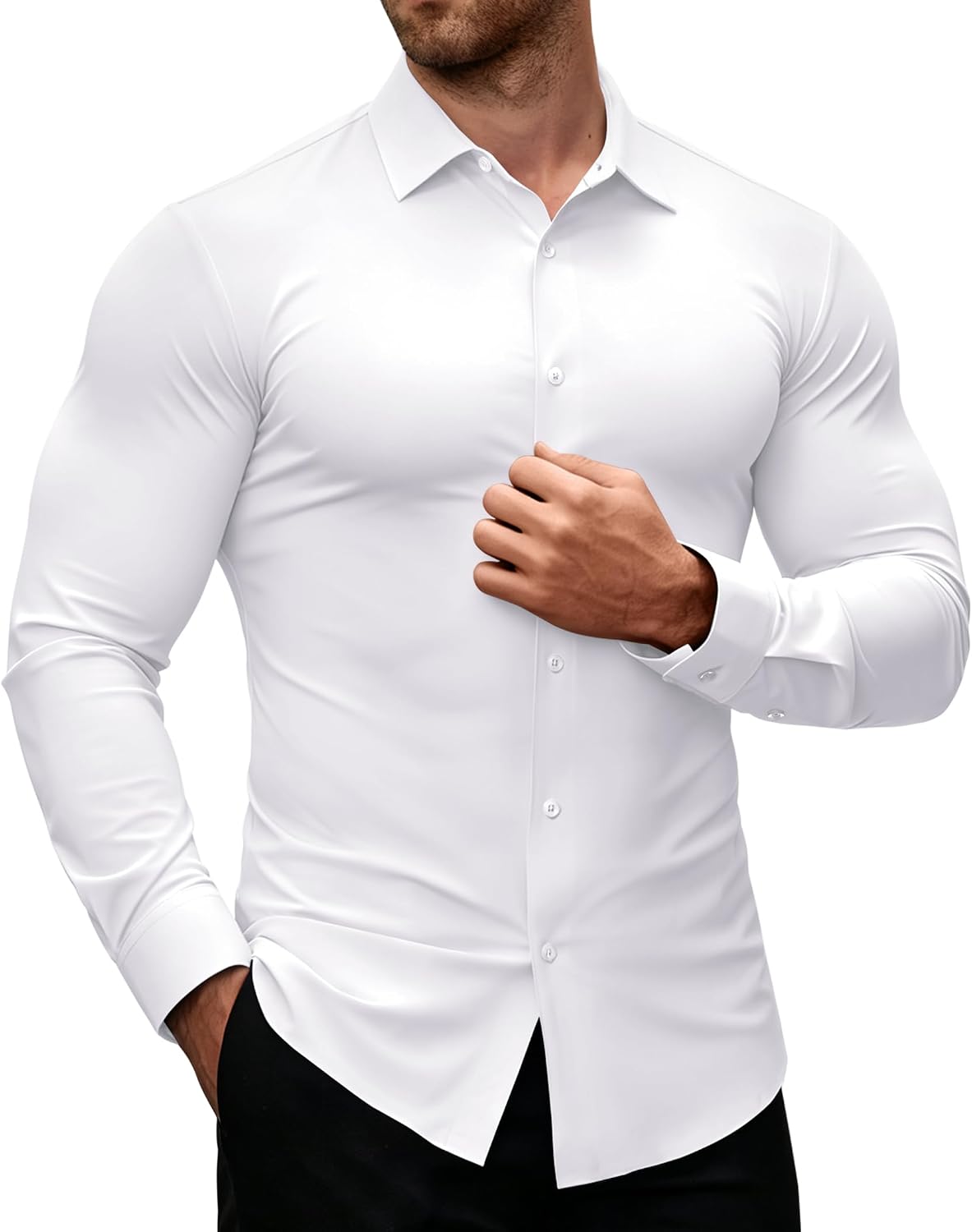 Alimens & Gentle Stretch Mens Dress Shirts Slim Fit Long Sleeve Casual Skinny Muscle Fit Wrinkle Free Button Down Shirt White