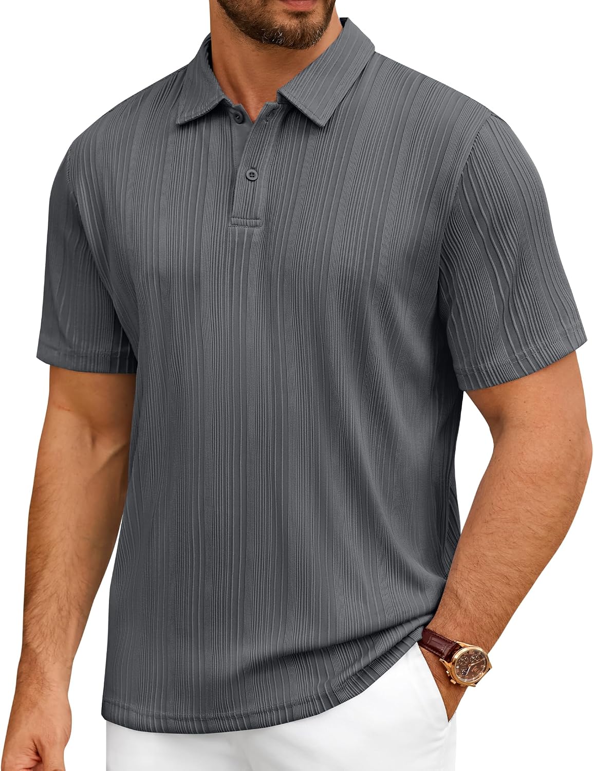 Mens Polo Shirts Short Sleeve Knit Stretch Lightweight Casual Summer Shirt Grey