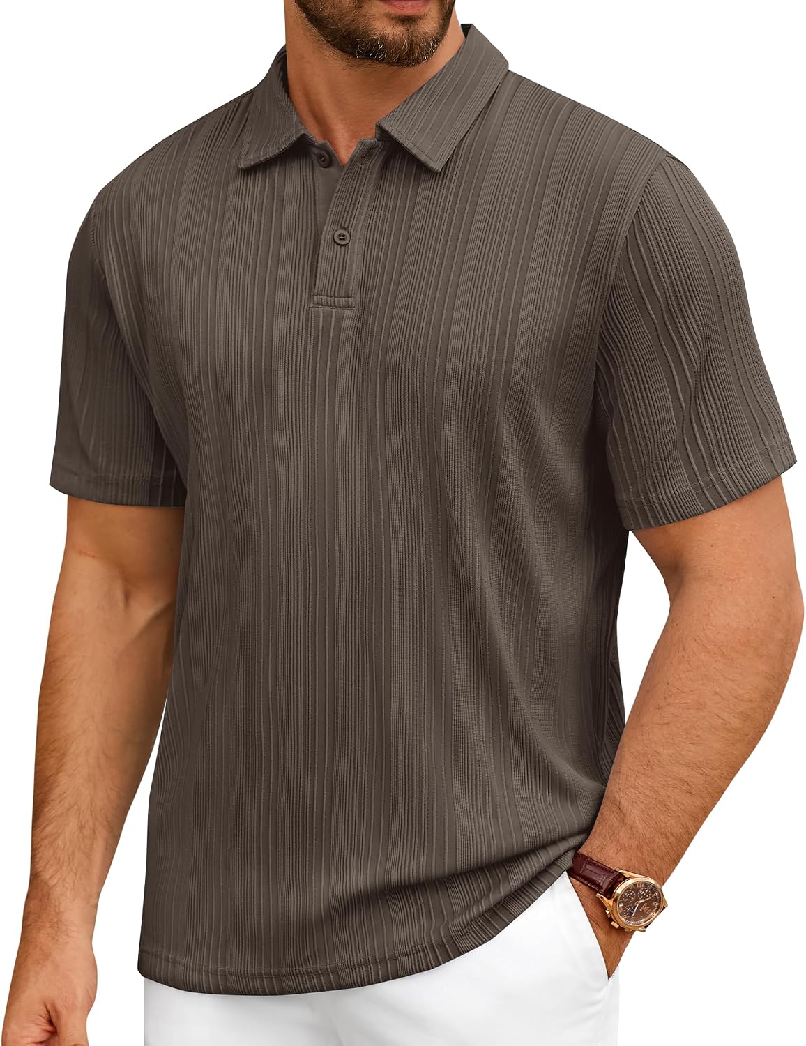 Mens Polo Shirts Short Sleeve Knit Stretch Lightweight Casual Summer Shirt Brown