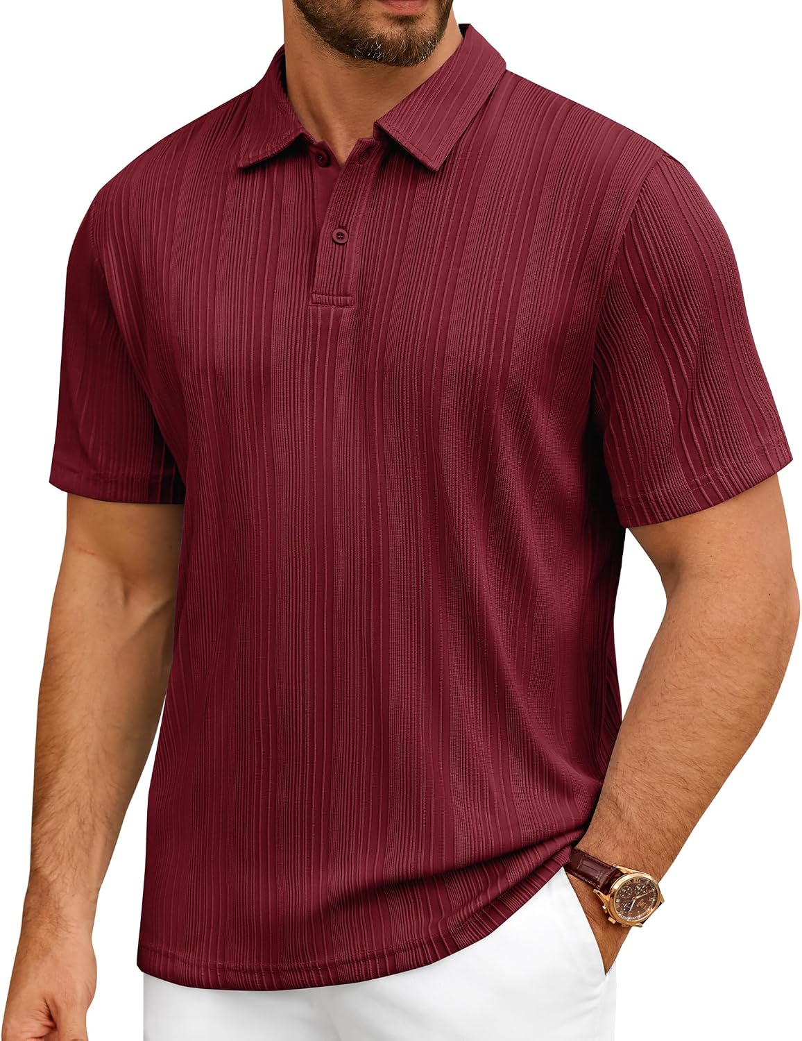 Mens Polo Shirts Short Sleeve Knit Stretch Lightweight Casual Summer Shirt Burgundy