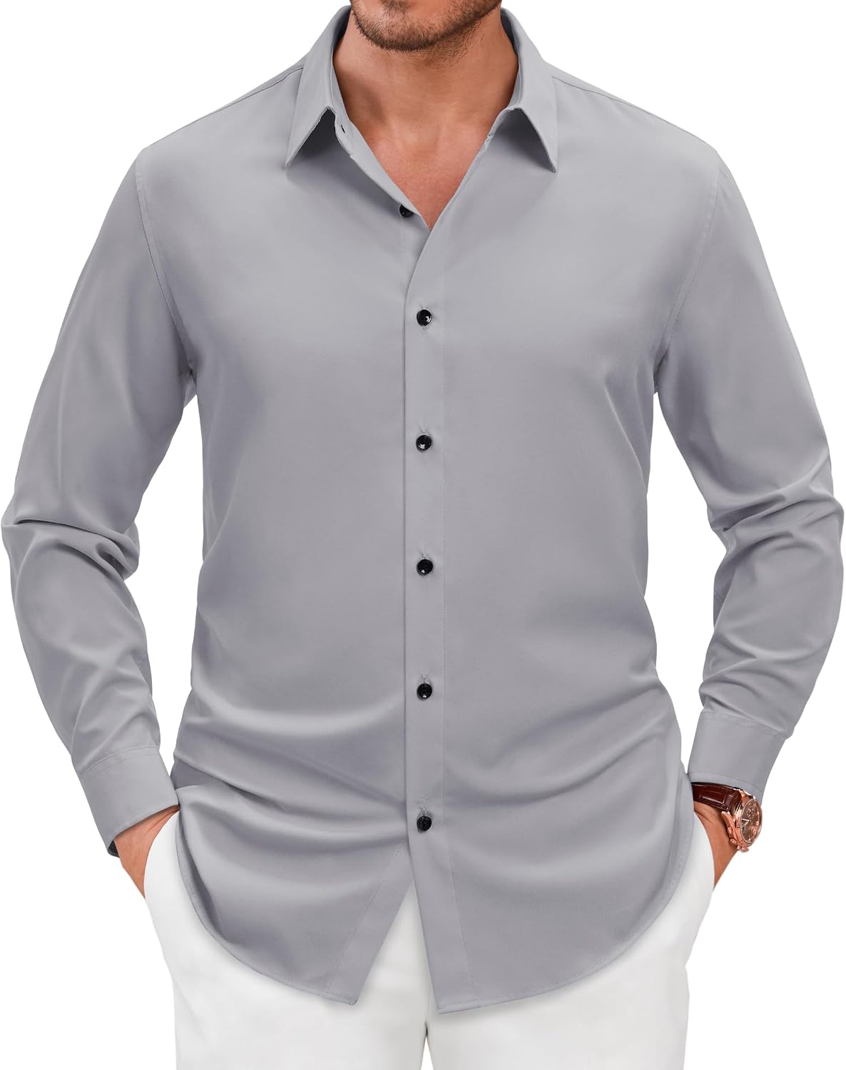 Men's Dress Shirts Long Sleeve Wrinkle Free Business Button Up Shirts Grey