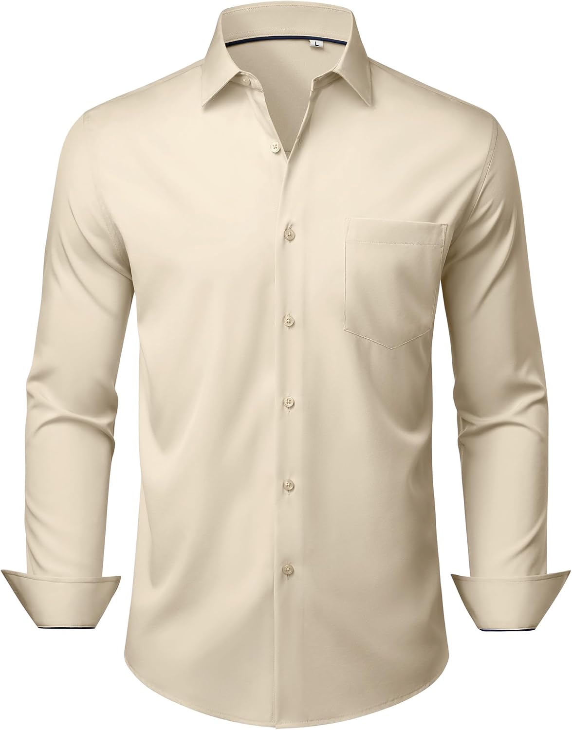 Mens Dress Shirts Stretch Long Sleeve Wrinkle Free Work Button Down Shirt Khaki
