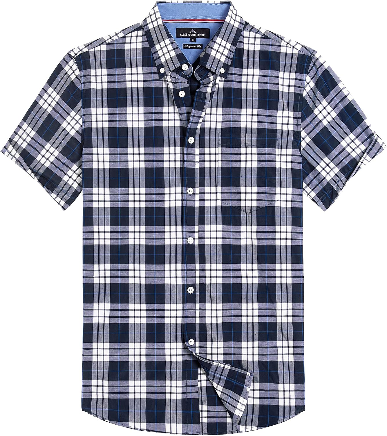 Alimens & Gentle Plaid Mens Short Sleeve Button Down Shirts with Pocket Navy Blue Plaid