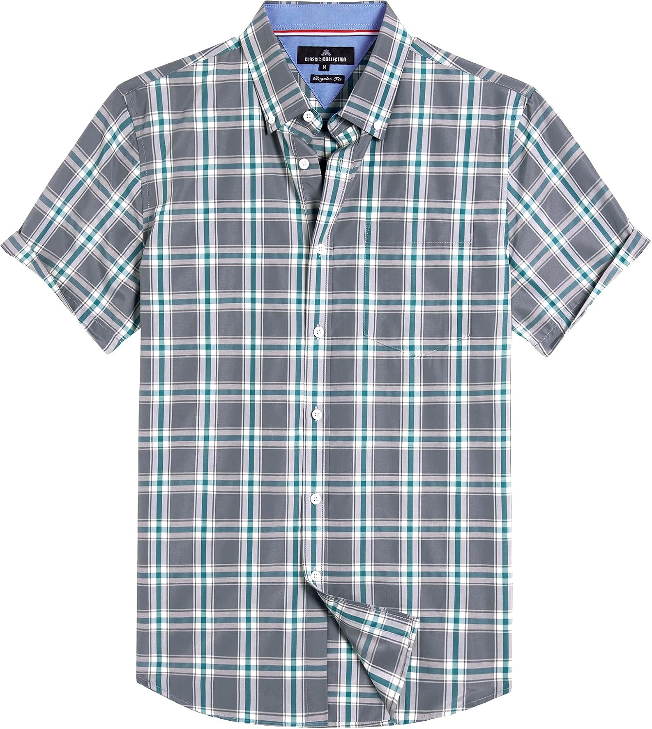 Alimens & Gentle Plaid Mens Short Sleeve Button Down Shirts with Pocket Grey Green Plaid