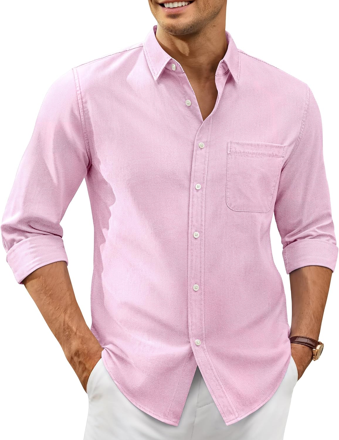 Alimens & Gentle Mens Oxford Shirt Stretch Long Sleeve Button Down Shirts Light Pink