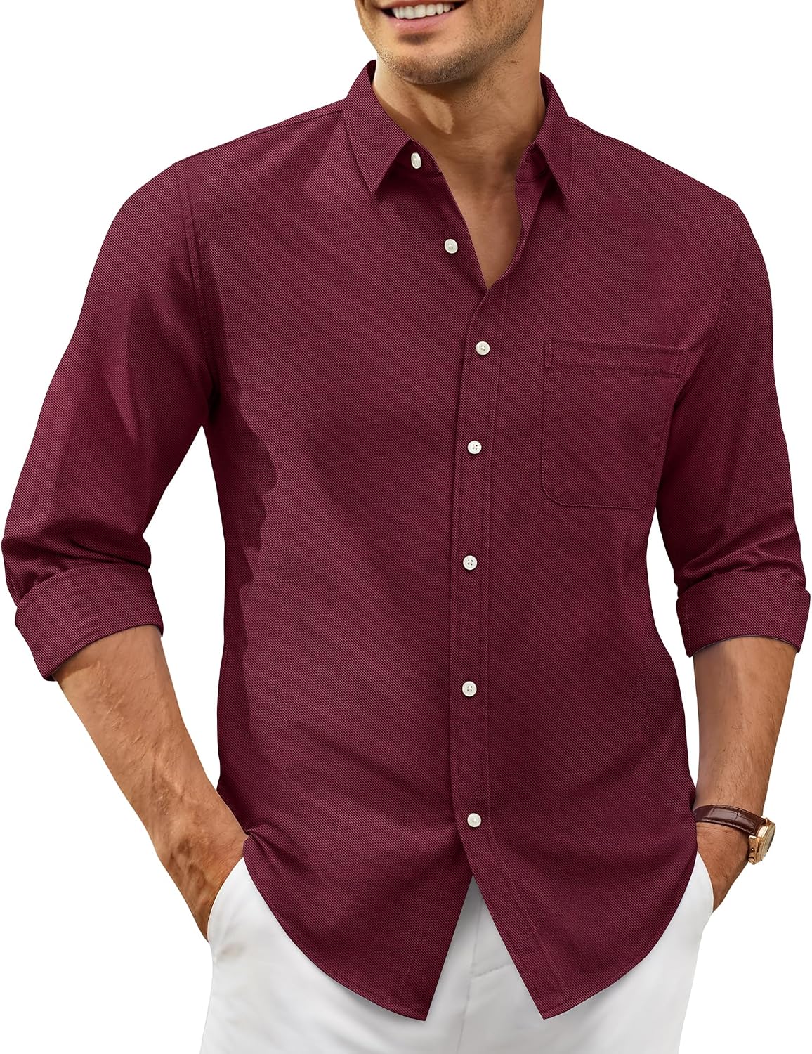 Alimens & Gentle Mens Oxford Shirt Stretch Long Sleeve Button Down Shirts Burgundy