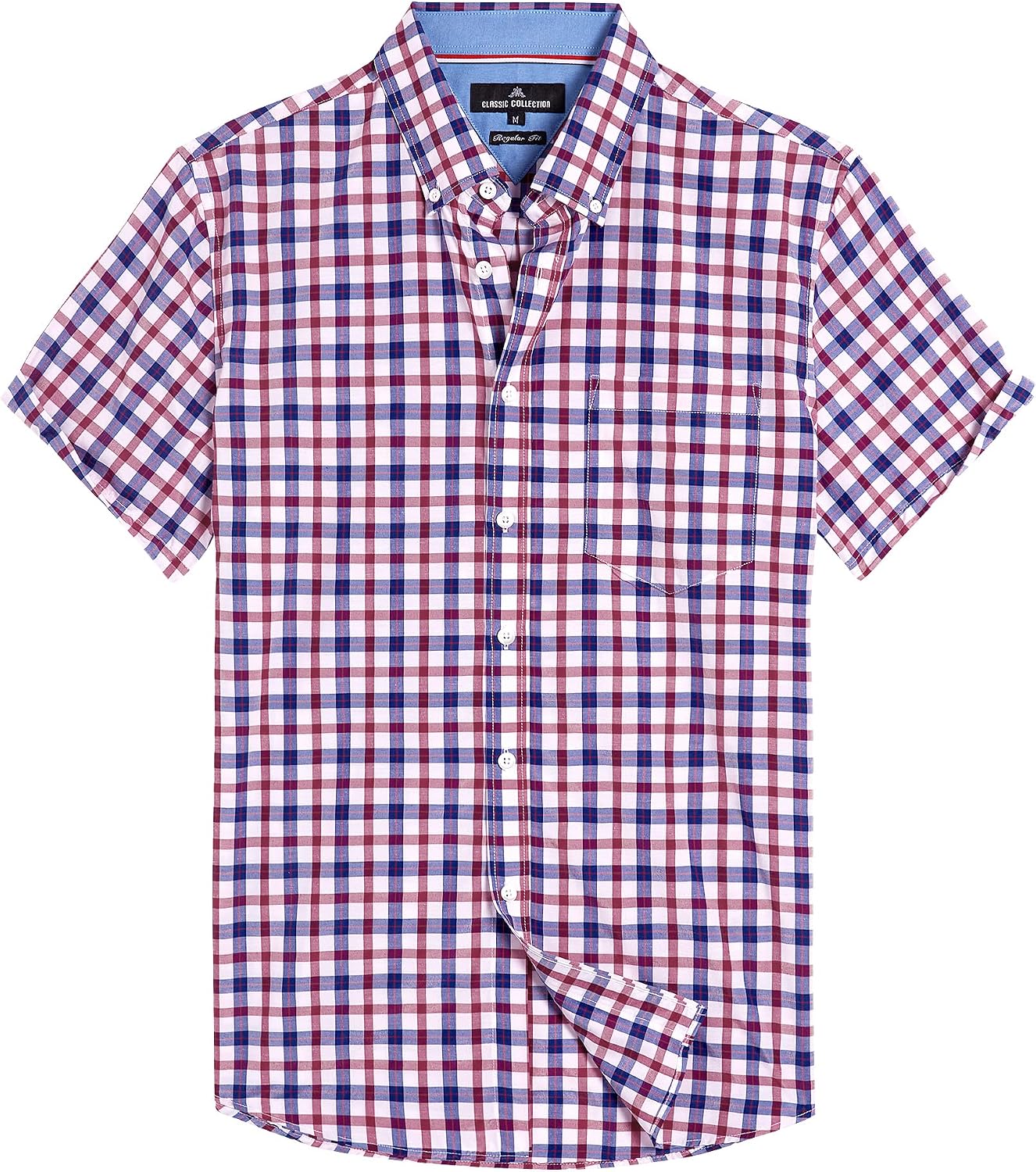 Alimens & Gentle Plaid Mens Short Sleeve Button Down Shirts with Pocket Red Navy Check