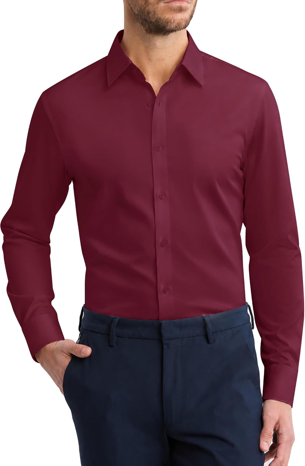 Men's Cotton Dress Shirt Long Sleeve Wrinkle Free Button Down Shirts Wine Red