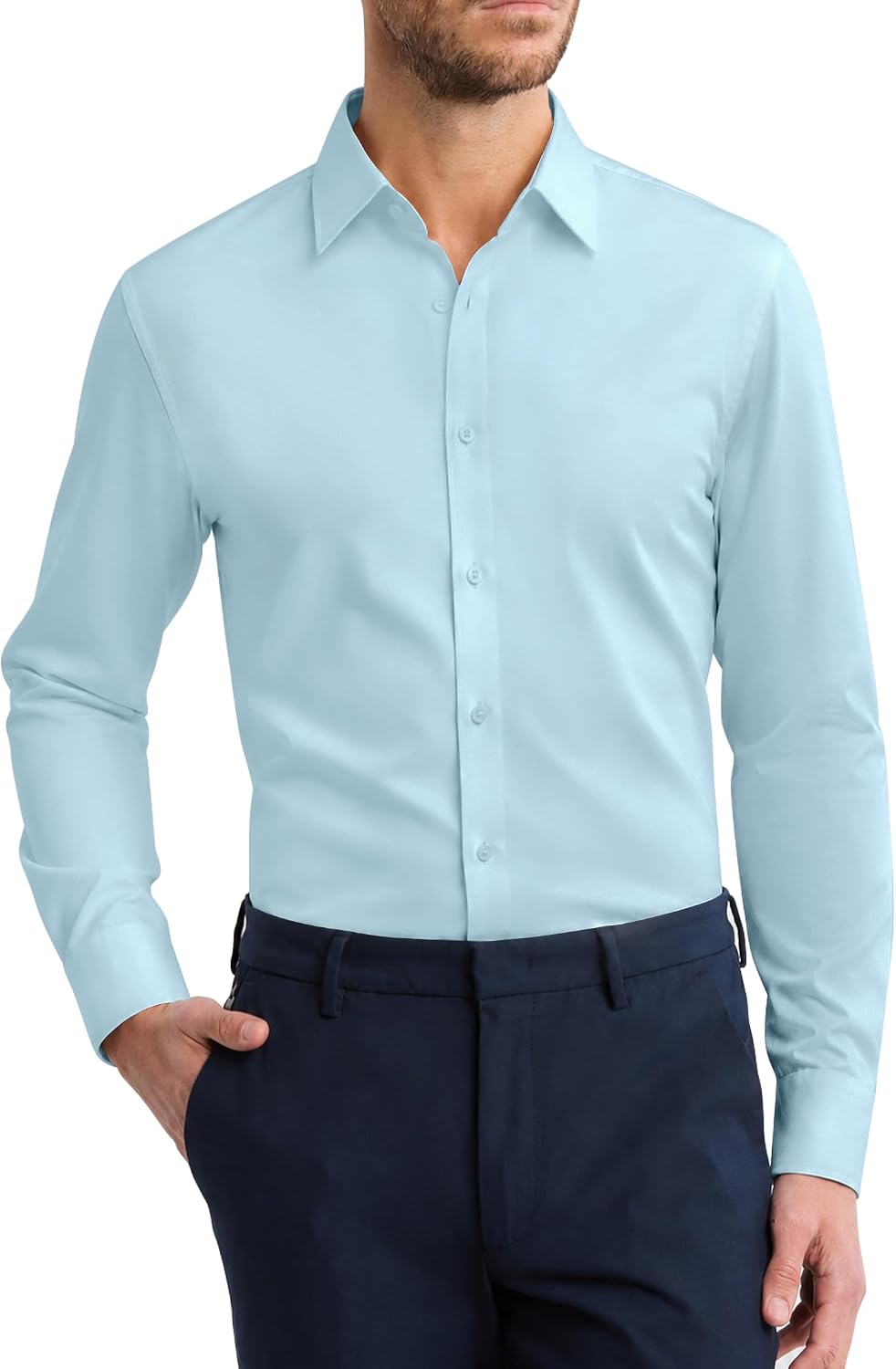Men's Cotton Dress Shirt Long Sleeve Wrinkle Free Button Down Shirts Light Blue