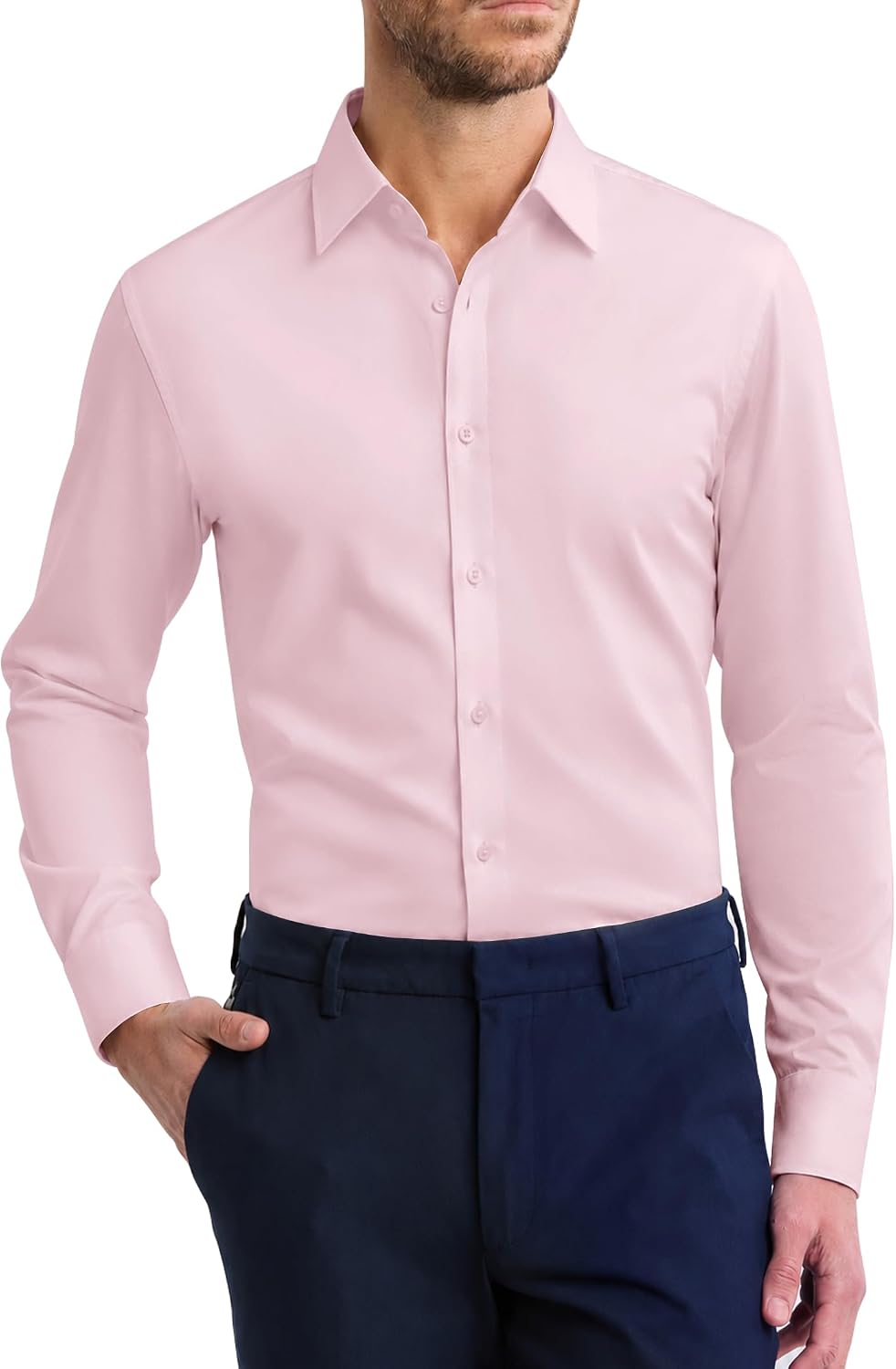 Men's Cotton Dress Shirt Long Sleeve Wrinkle Free Button Down Shirts Pink