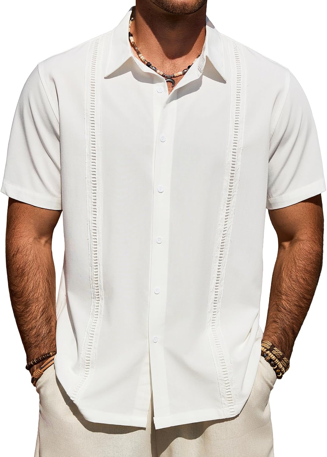 Mens Cuban Guayabera Short Sleeve Button Down Shirt Casual Beach Summer White