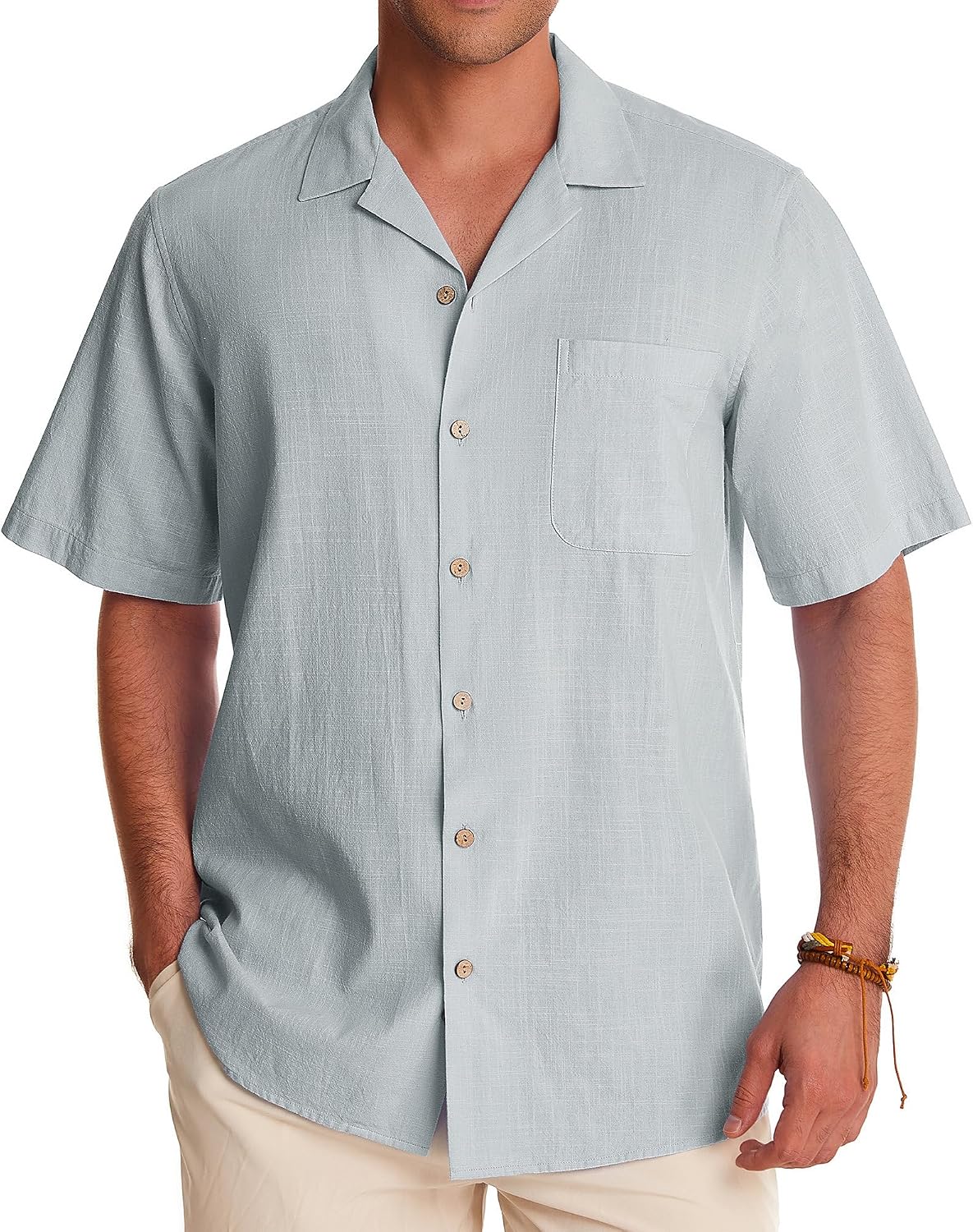 Alimens & Gentle Mens Linen Shirts Cotton Hawaiian Shirts Short Sleeve Button Down Shirts Casual Summer Beach Tops Grey