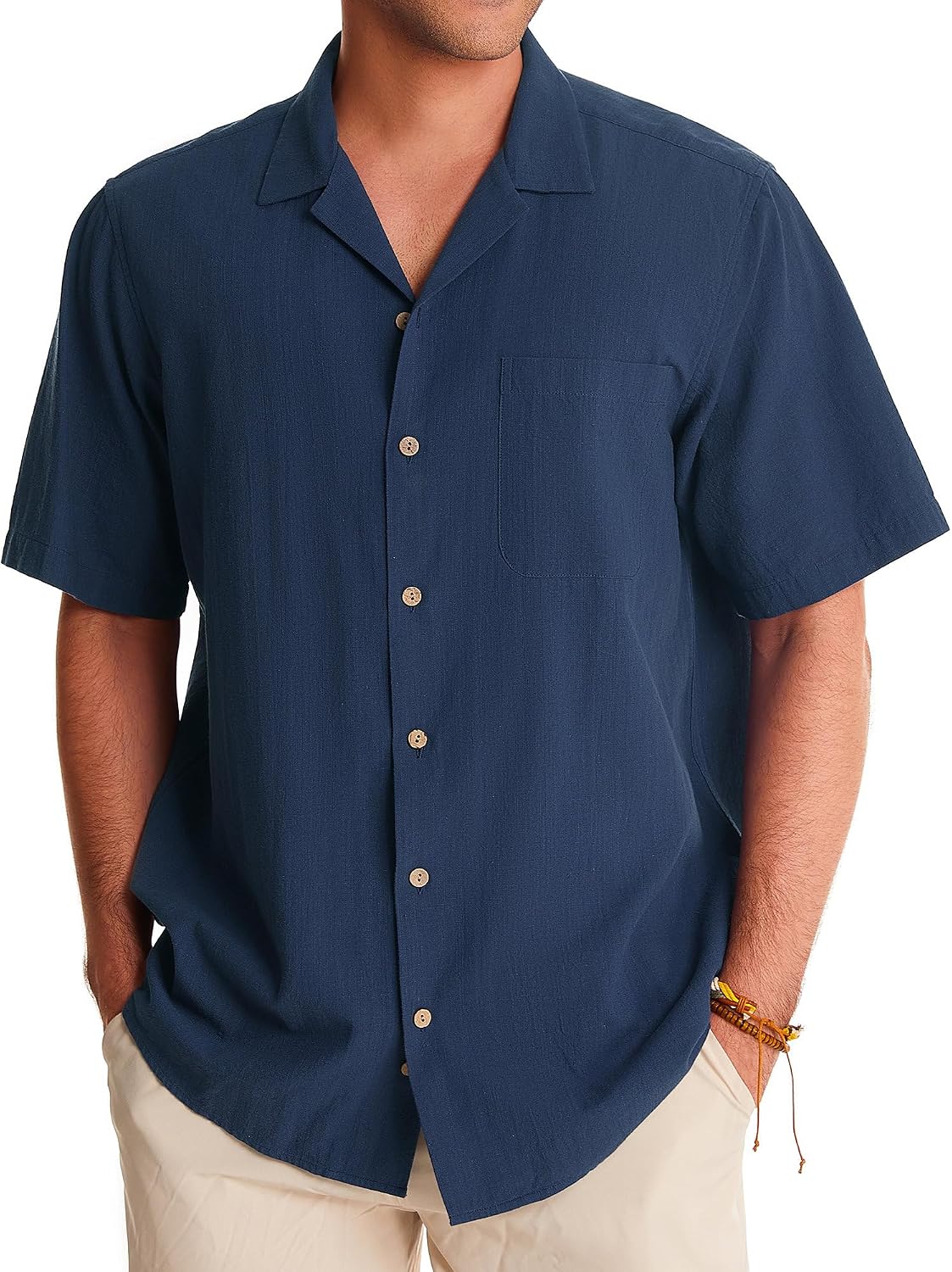 Alimens & Gentle Mens Linen Shirts Cotton Hawaiian Shirts Short Sleeve Button Down Shirts Casual Summer Beach Tops Navy Blue