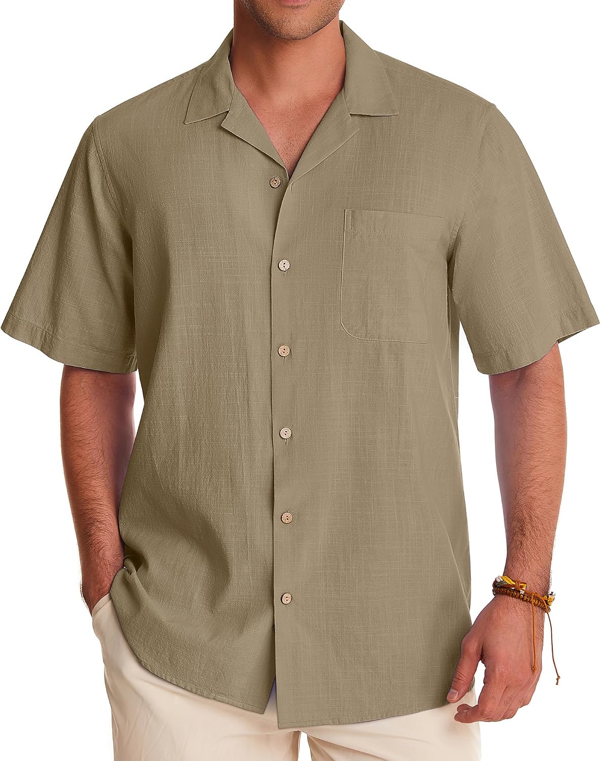 Alimens & Gentle Mens Linen Shirts Cotton Hawaiian Shirts Short Sleeve Button Down Shirts Casual Summer Beach Tops Brown