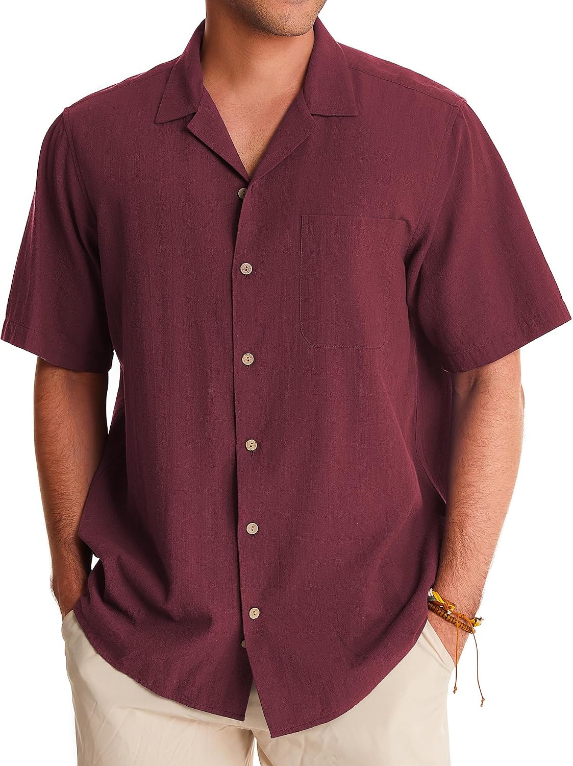 Alimens & Gentle Mens Linen Shirts Cotton Hawaiian Shirts Short Sleeve Button Down Shirts Casual Summer Beach Tops Burgundy