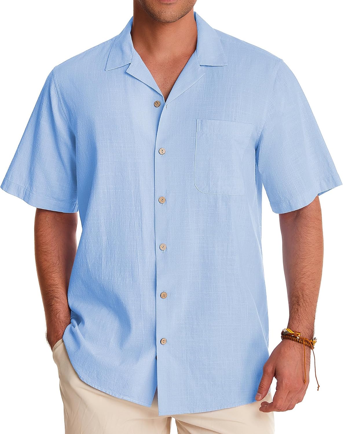 Alimens & Gentle Mens Linen Shirts Cotton Hawaiian Shirts Short Sleeve Button Down Shirts Casual Summer Beach Tops Cool Blue