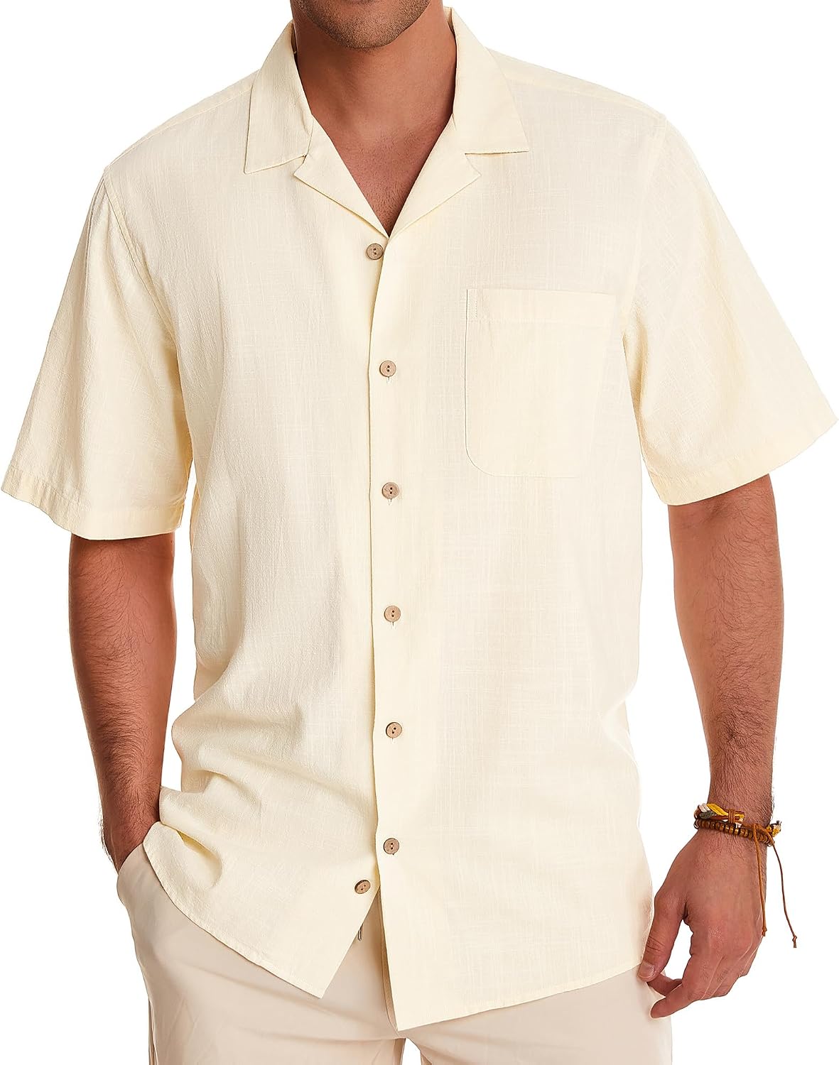 Alimens & Gentle Mens Linen Shirts Cotton Hawaiian Shirts Short Sleeve Button Down Shirts Casual Summer Beach Tops Cloud Cream