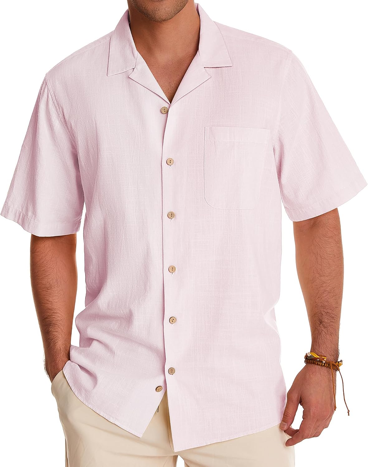 Alimens & Gentle Mens Linen Shirts Cotton Hawaiian Shirts Short Sleeve Button Down Shirts Casual Summer Beach Tops Pale Pink