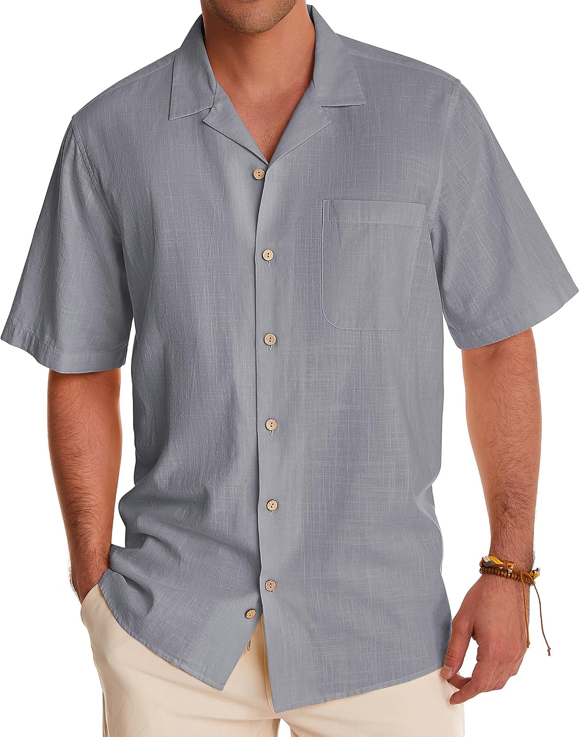 Alimens & Gentle Mens Linen Shirts Cotton Hawaiian Shirts Short Sleeve Button Down Shirts Casual Summer Beach Tops Neutral Gray