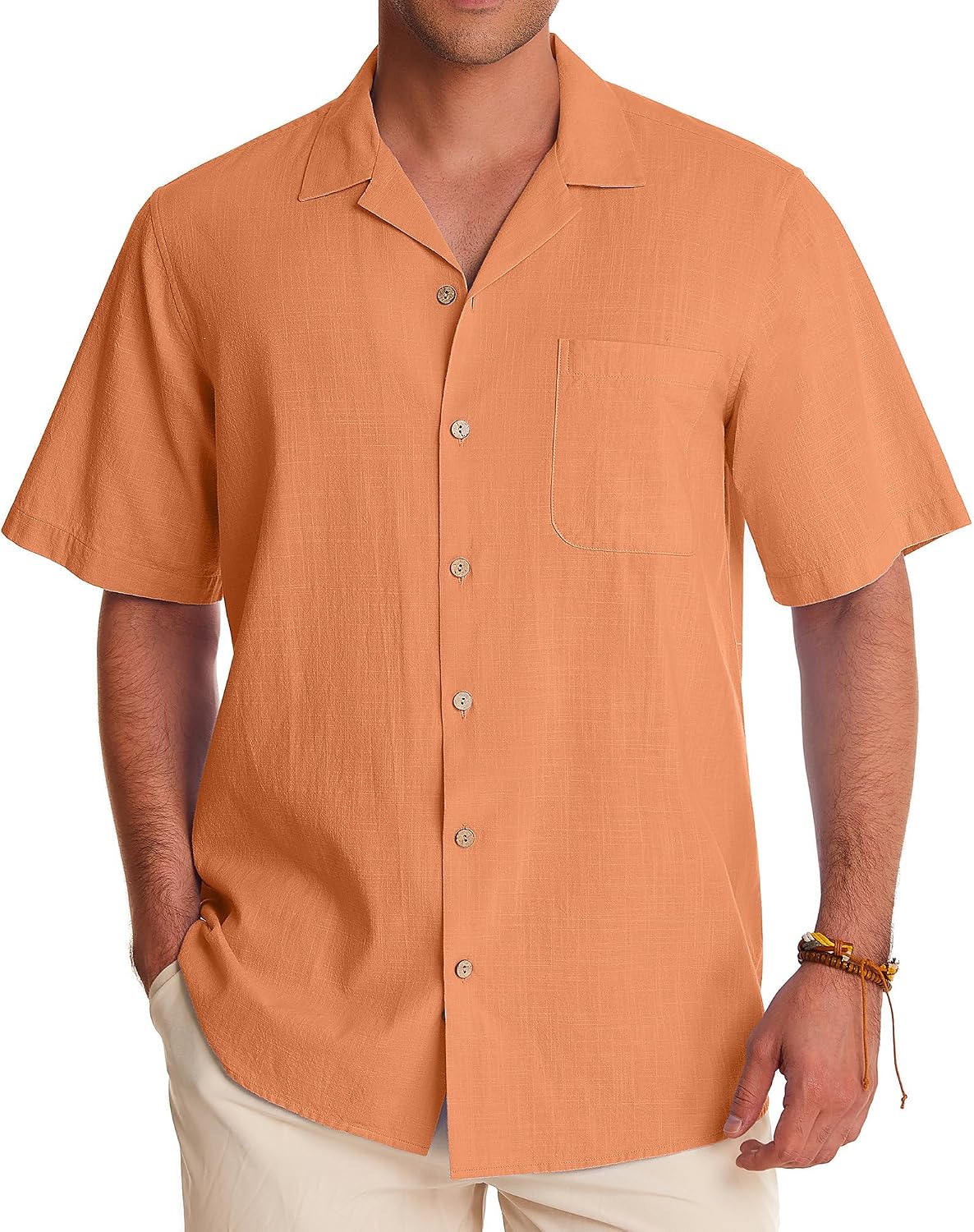 Alimens & Gentle Mens Linen Shirts Cotton Hawaiian Shirts Short Sleeve Button Down Shirts Casual Summer Beach Tops Persimmon Orange