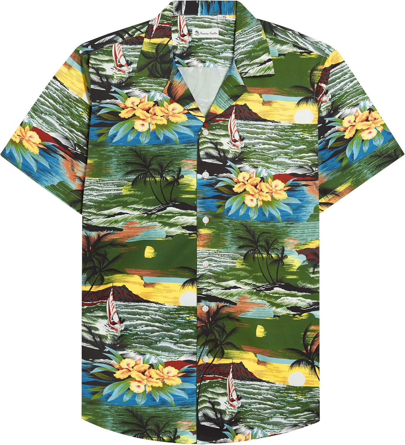 Mens Hawaiian Shirt Summer Beach Casual Short Sleeve Button Down Shirts Brown Green Beach