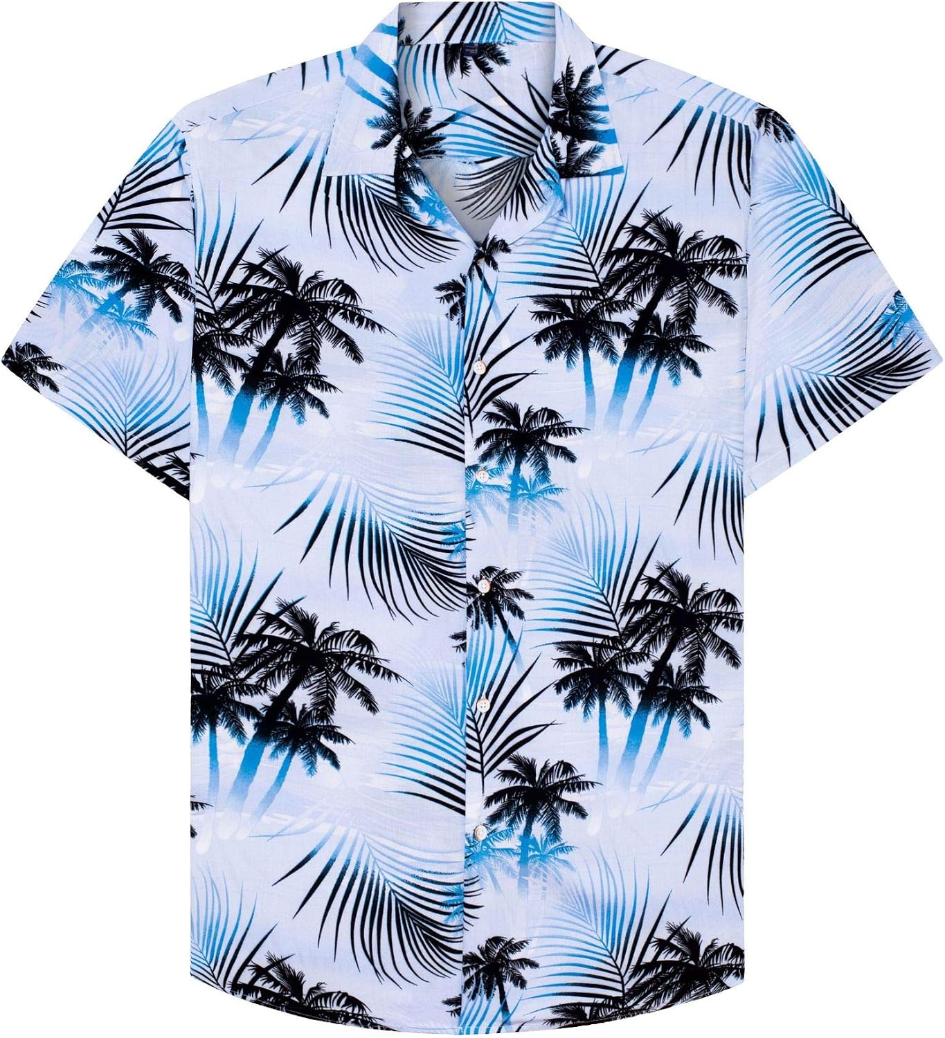 Mens Hawaiian Shirt Summer Beach Casual Short Sleeve Button Down Shirts Blue White Palm