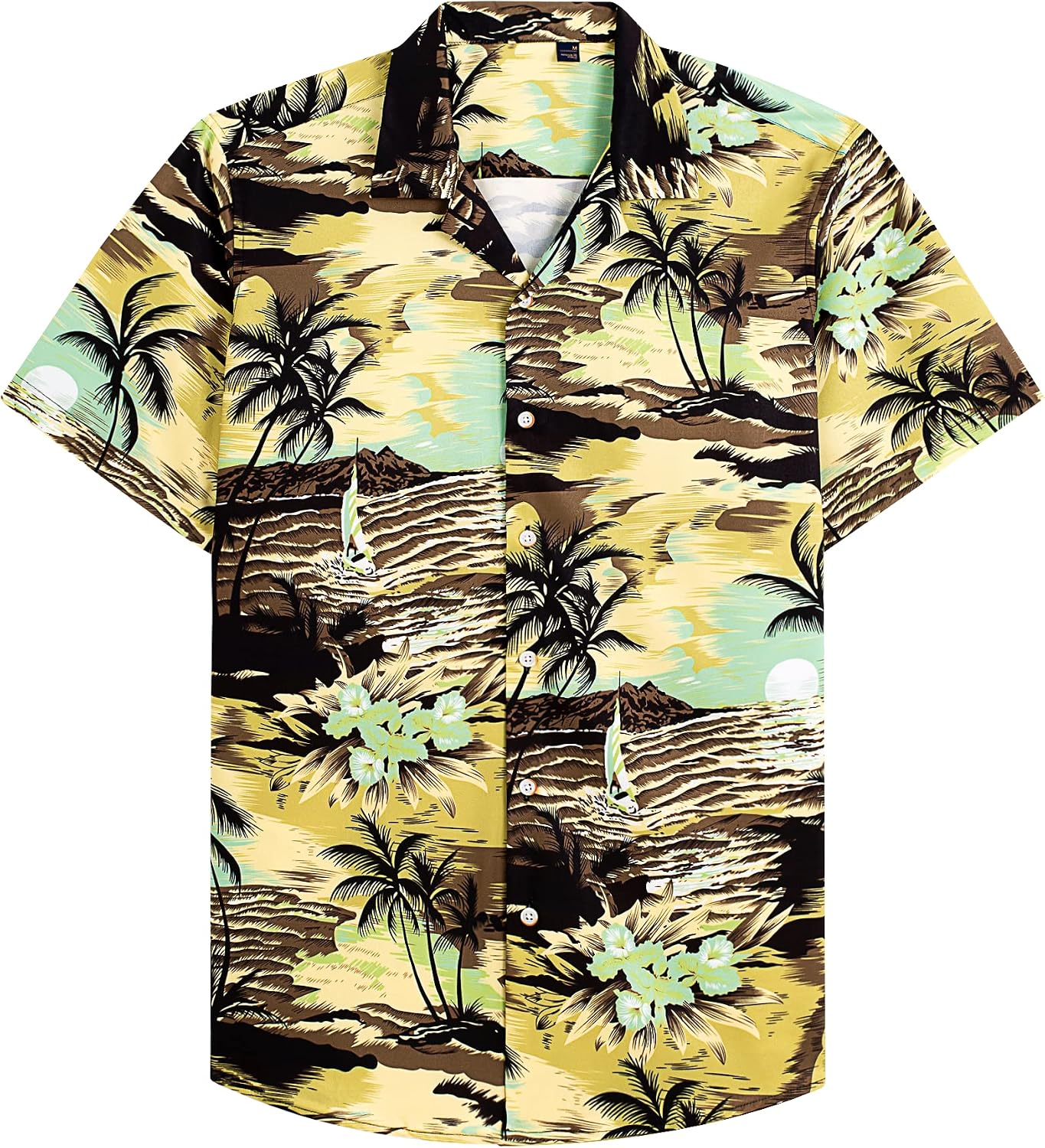 Mens Hawaiian Shirt Summer Beach Casual Short Sleeve Button Down Shirts Yellow Beach