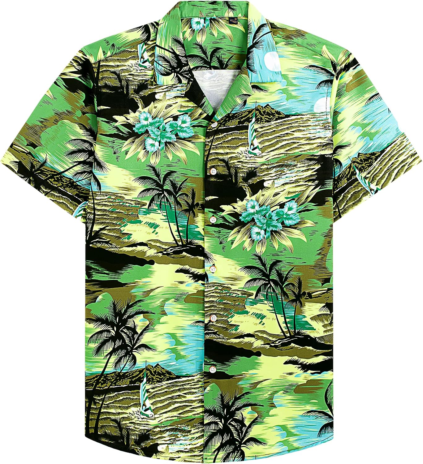 Mens Hawaiian Shirt Summer Beach Casual Short Sleeve Button Down Shirts Green Beach