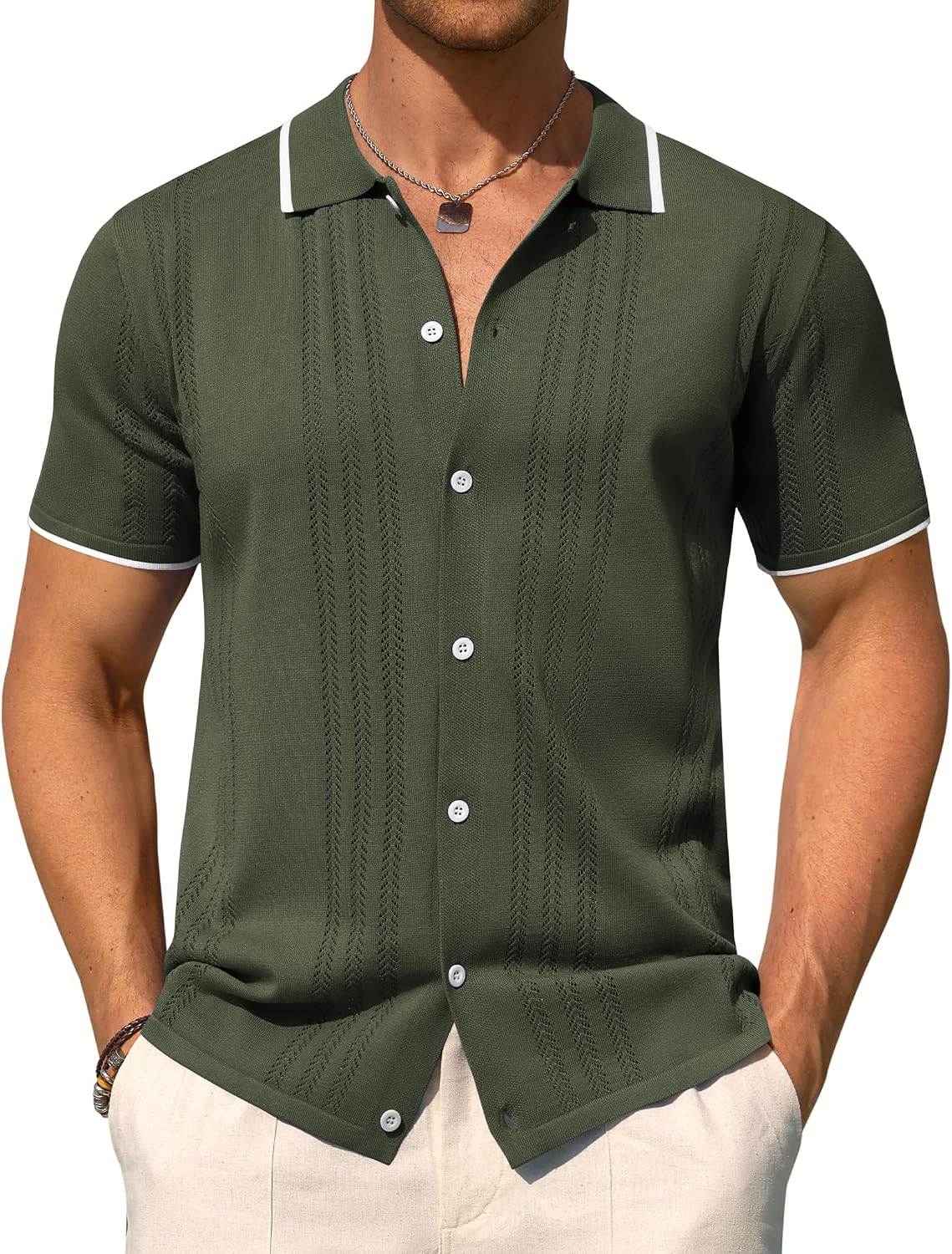 Mens Knit Shirt Short Sleeve Button Down Shirt Textured Casual Summer Tops Army Green