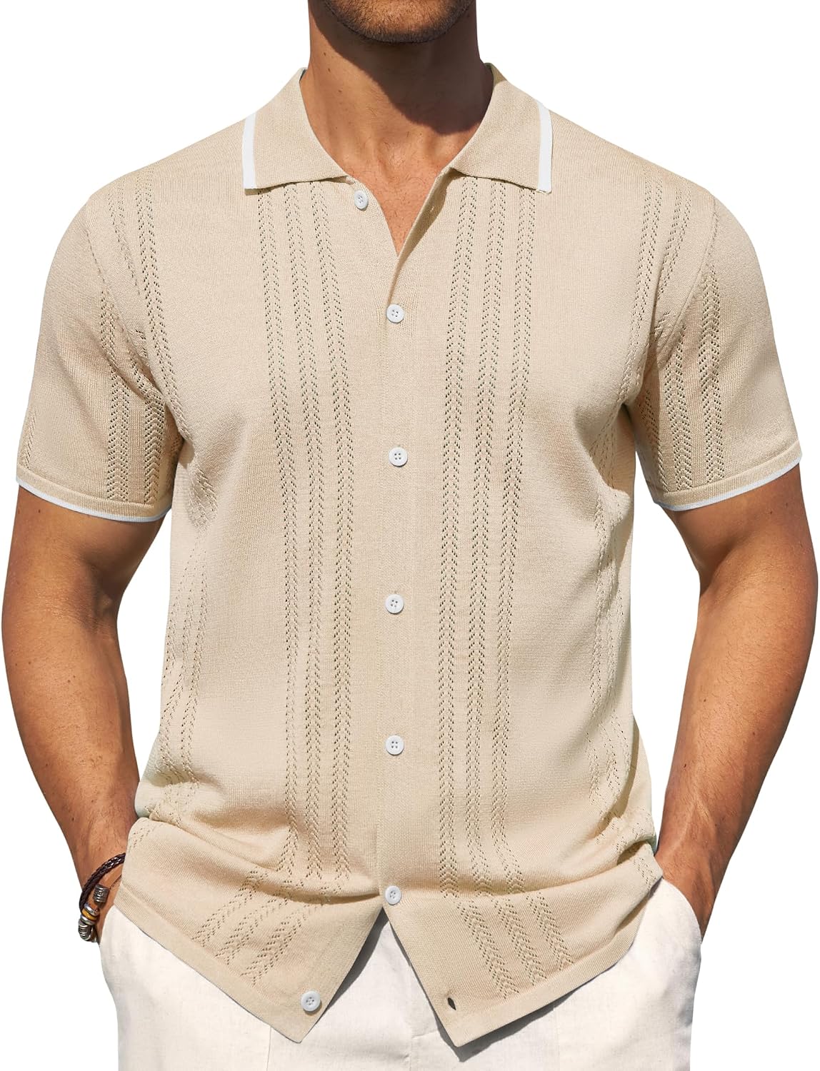 Mens Knit Shirt Short Sleeve Button Down Shirt Textured Casual Summer Tops Beige