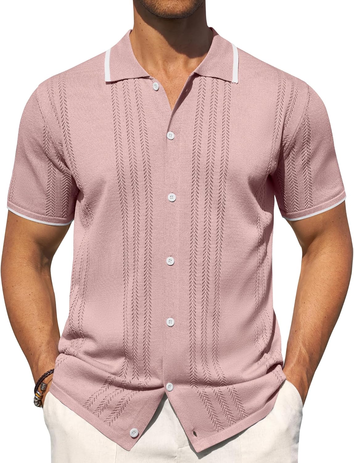 Mens Knit Shirt Short Sleeve Button Down Shirt Textured Casual Summer Tops Pink