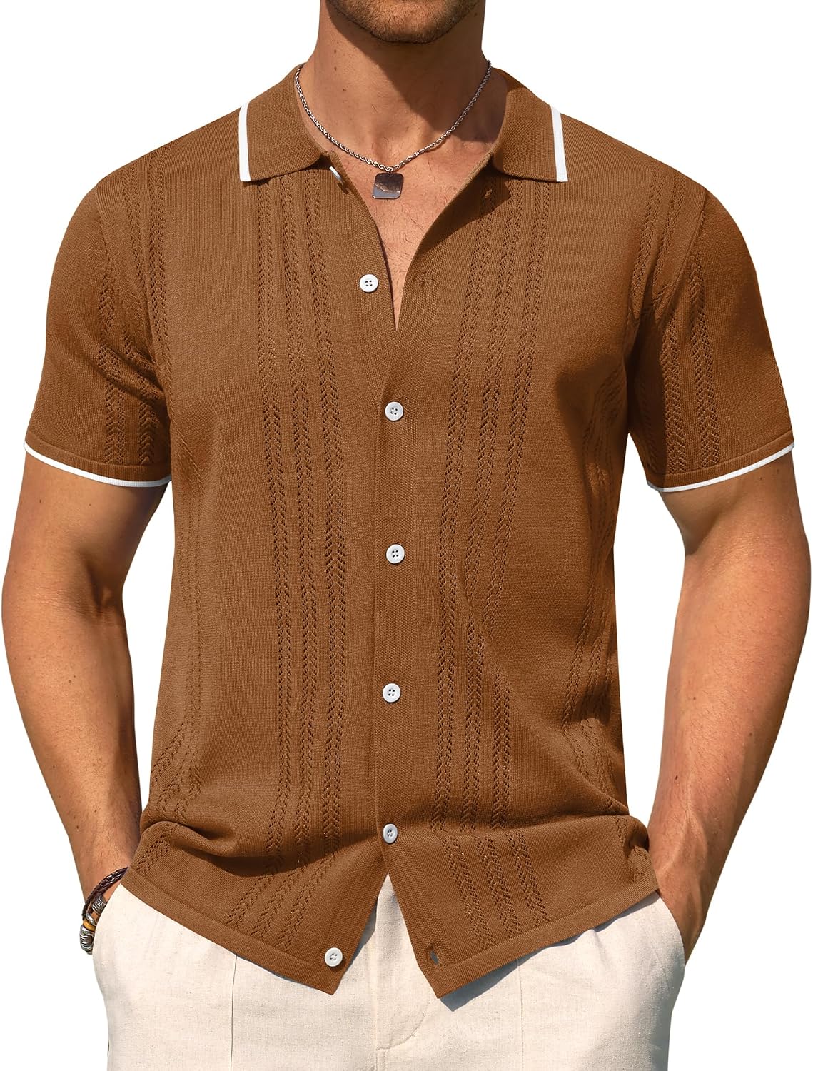 Mens Knit Shirt Short Sleeve Button Down Shirt Textured Casual Summer Tops Brown