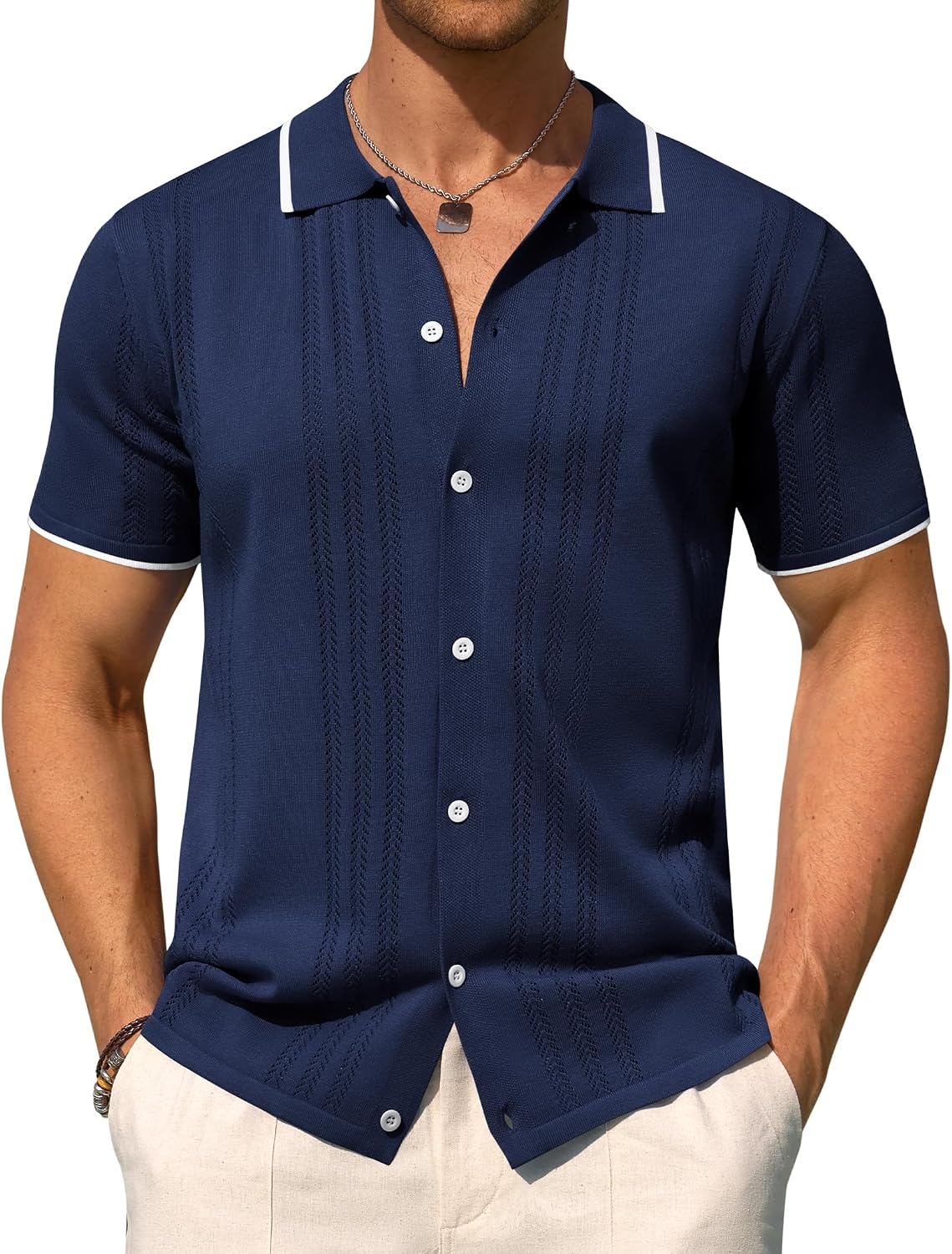 Mens Knit Shirt Short Sleeve Button Down Shirt Textured Casual Summer Tops Navy Blue