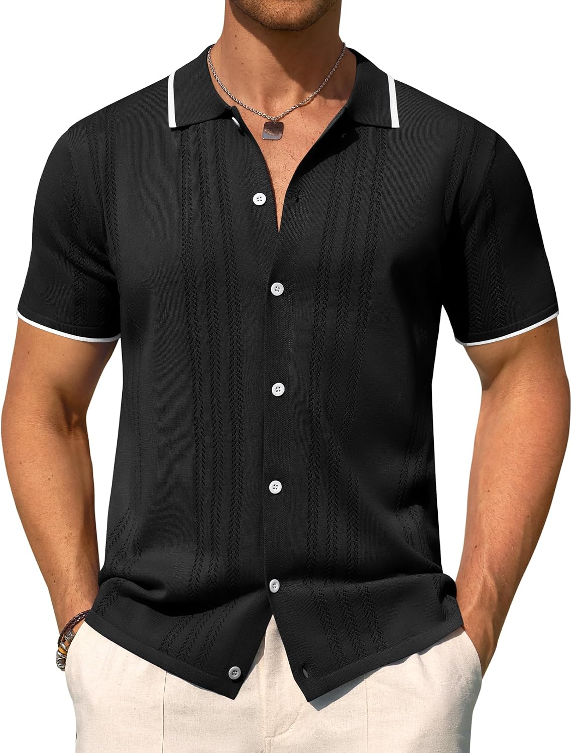 Mens Knit Shirt Short Sleeve Button Down Shirt Textured Casual Summer Tops Black
