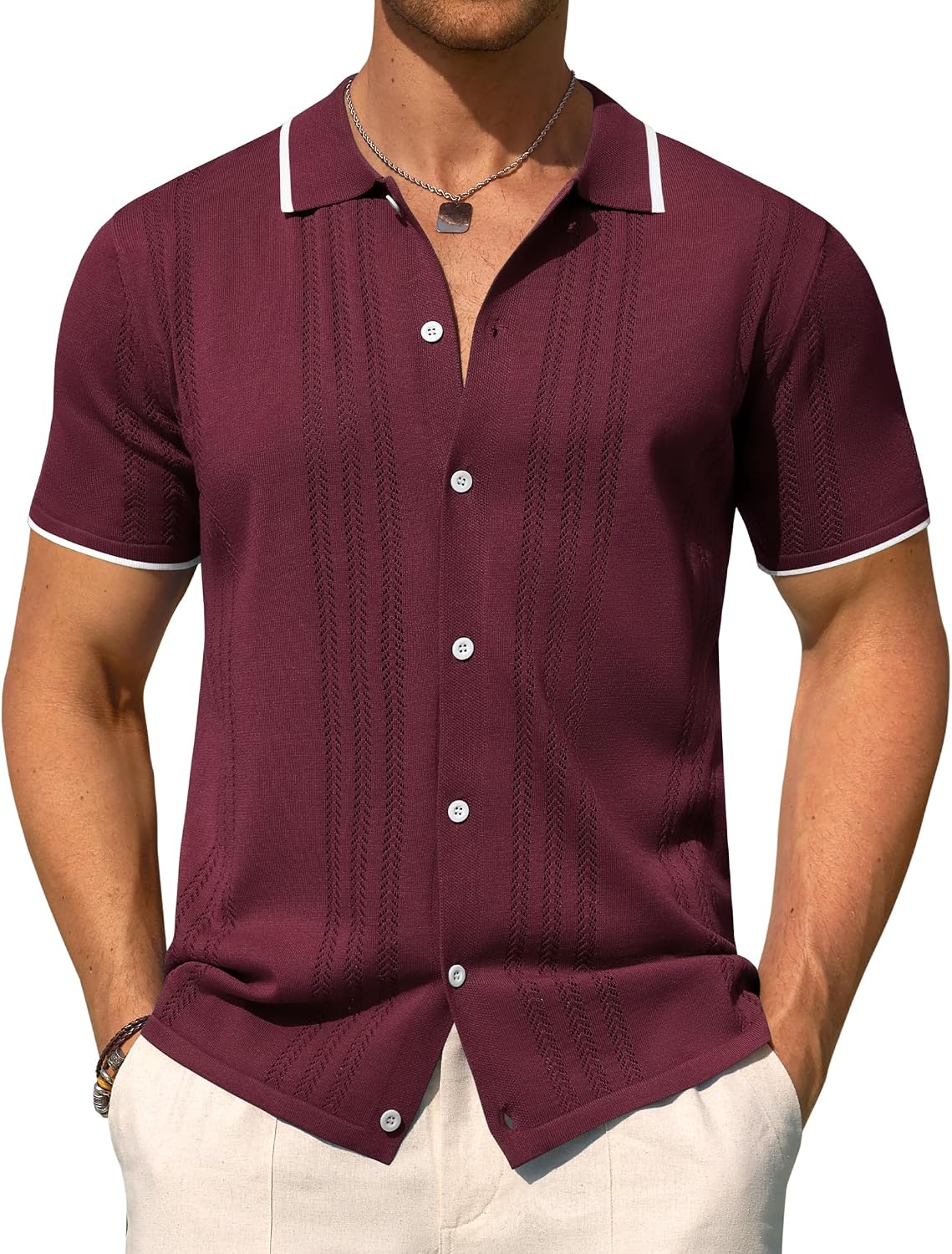 Mens Knit Shirt Short Sleeve Button Down Shirt Textured Casual Summer Tops Burgundy