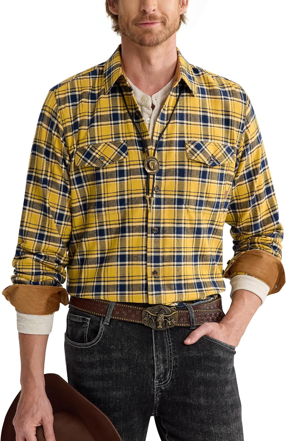 Alimens&Gentle Mens 6 oz Flannel Button Down Long Sleeve Casual Plaid Shirt Yellow Navy