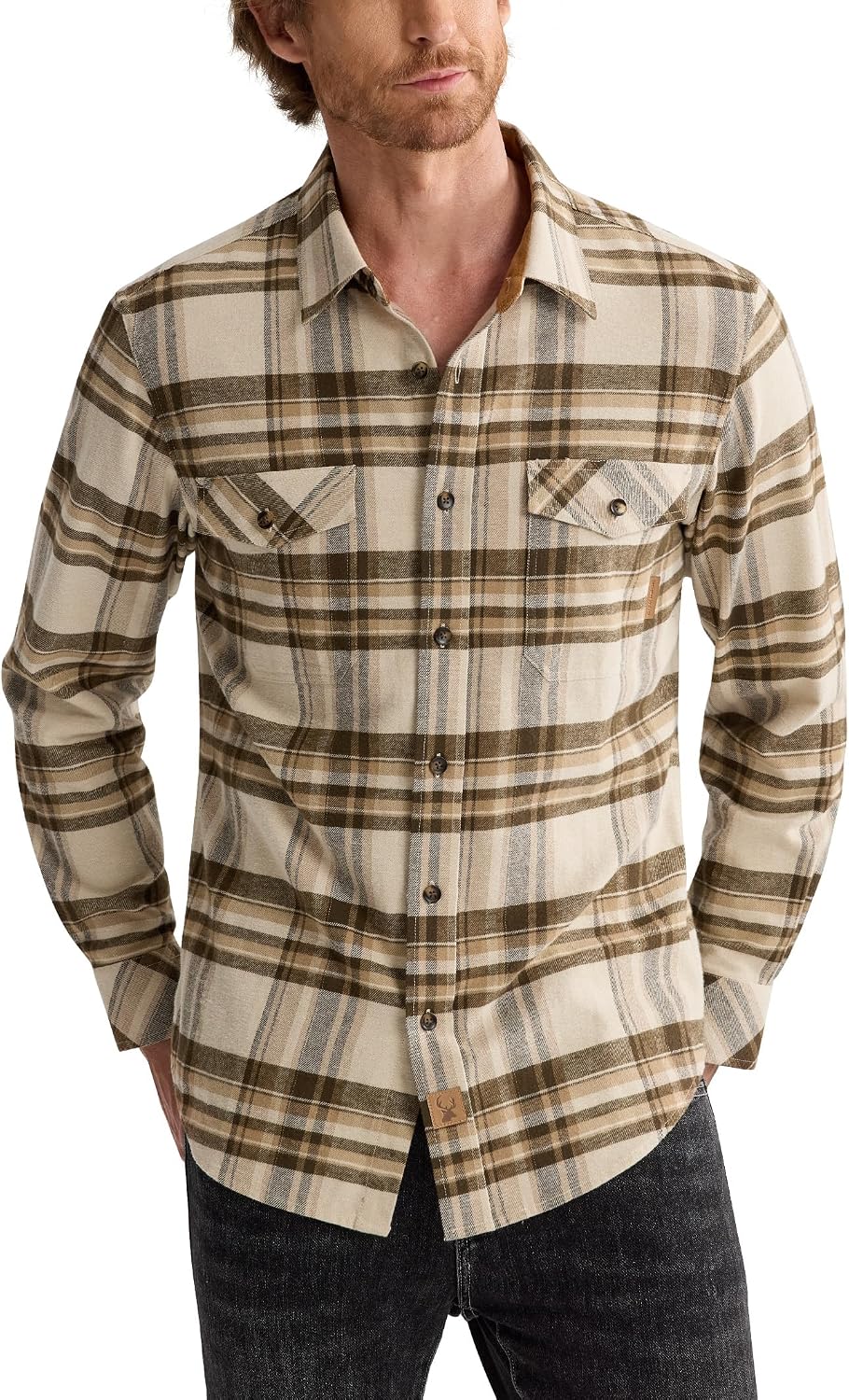 Alimens&Gentle Mens 6 oz Flannel Button Down Long Sleeve Casual Plaid Shirt Beige Brown