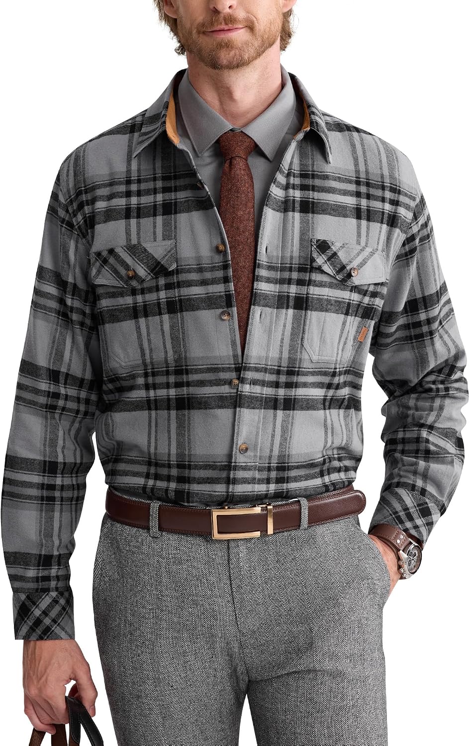Alimens&Gentle Mens 6 oz Flannel Button Down Long Sleeve Casual Plaid Shirt Black Grey