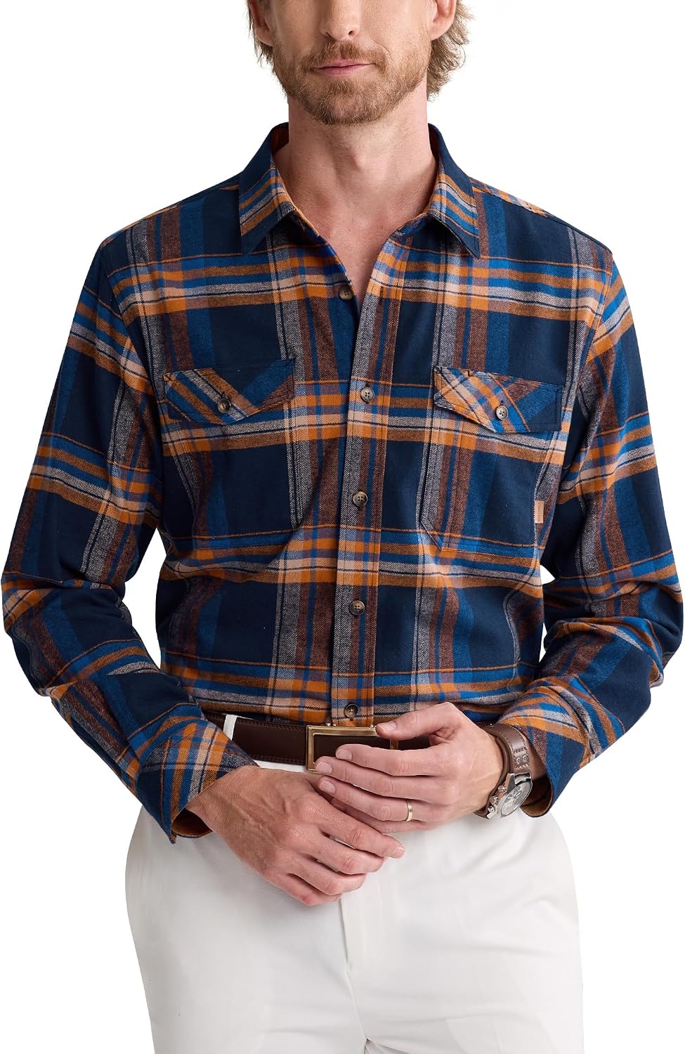 Alimens&Gentle Mens 6 oz Flannel Button Down Long Sleeve Casual Plaid Shirt Navy Grey Orange