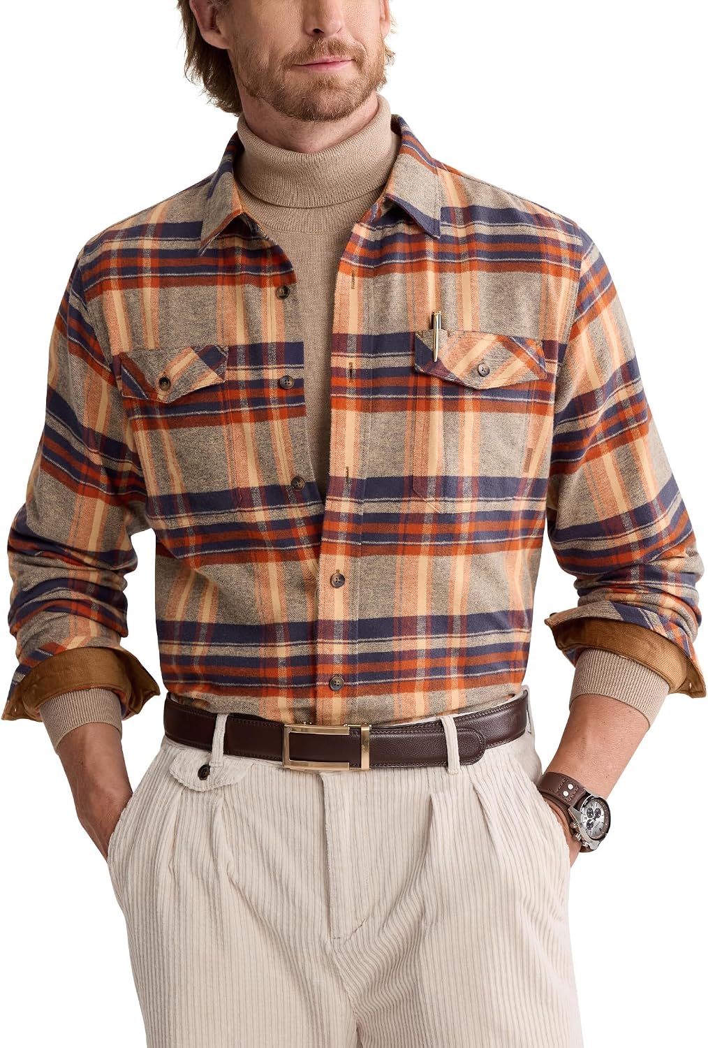 Alimens&Gentle Mens 6 oz Flannel Button Down Long Sleeve Casual Plaid Shirt Orange Khaki