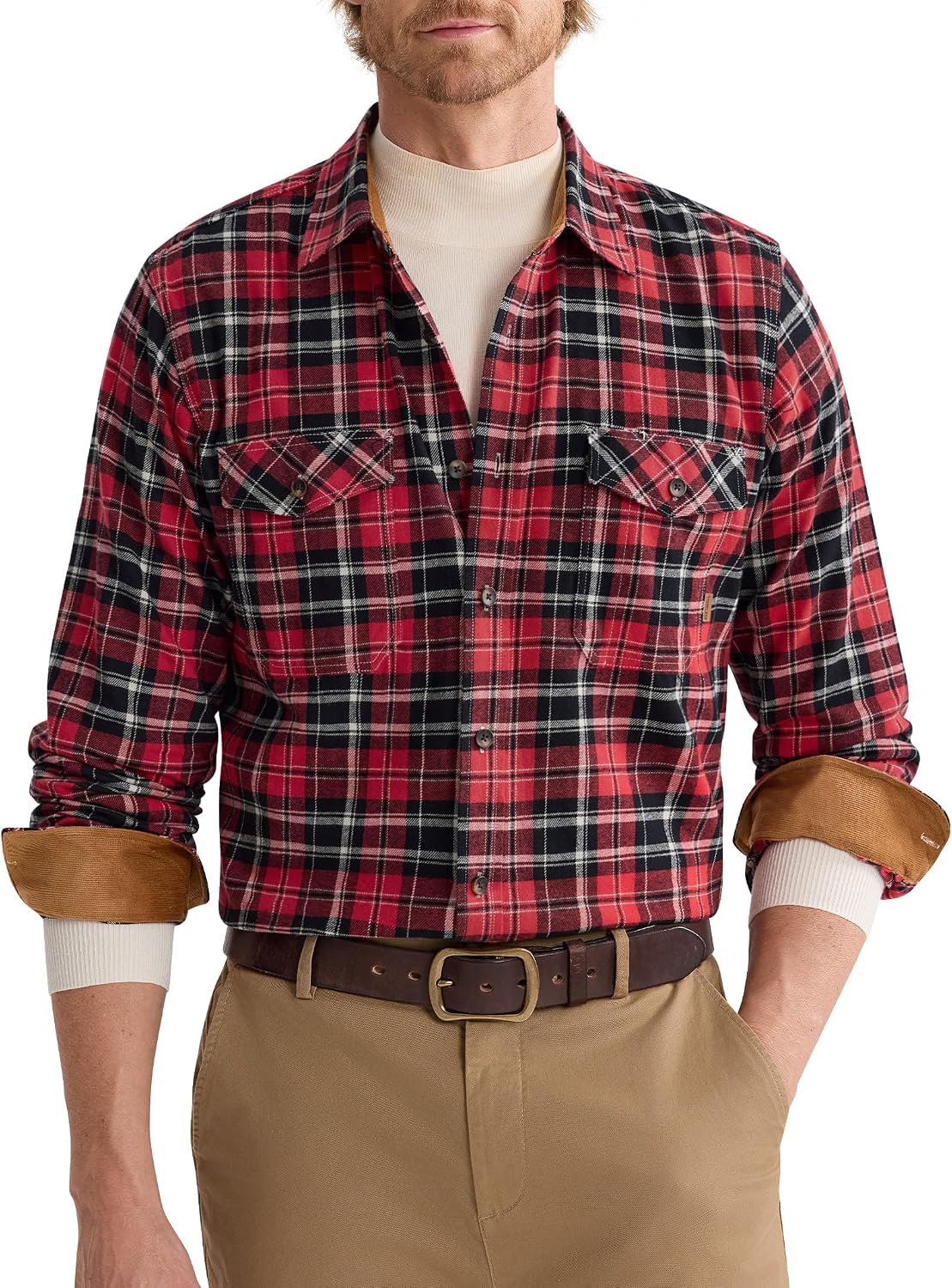 Alimens&Gentle Mens 6 oz Flannel Button Down Long Sleeve Casual Plaid Shirt Red Black