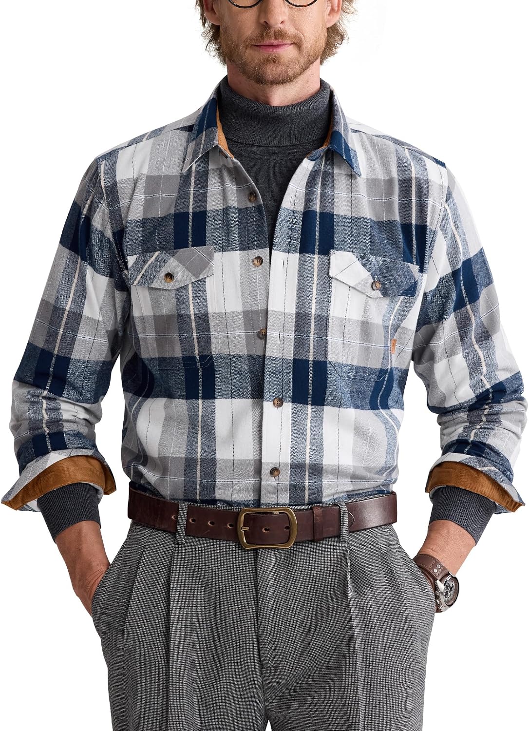 Alimens&Gentle Mens 6 oz Flannel Button Down Long Sleeve Casual Plaid Shirt Navy White