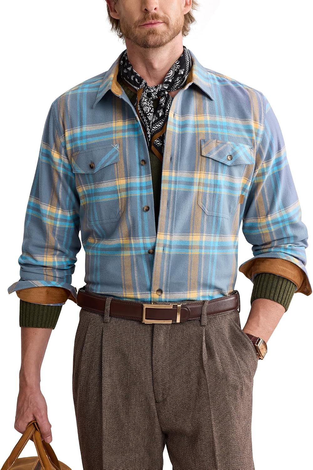 Alimens&Gentle Mens 6 oz Flannel Button Down Long Sleeve Casual Plaid Shirt Light Blue Orange